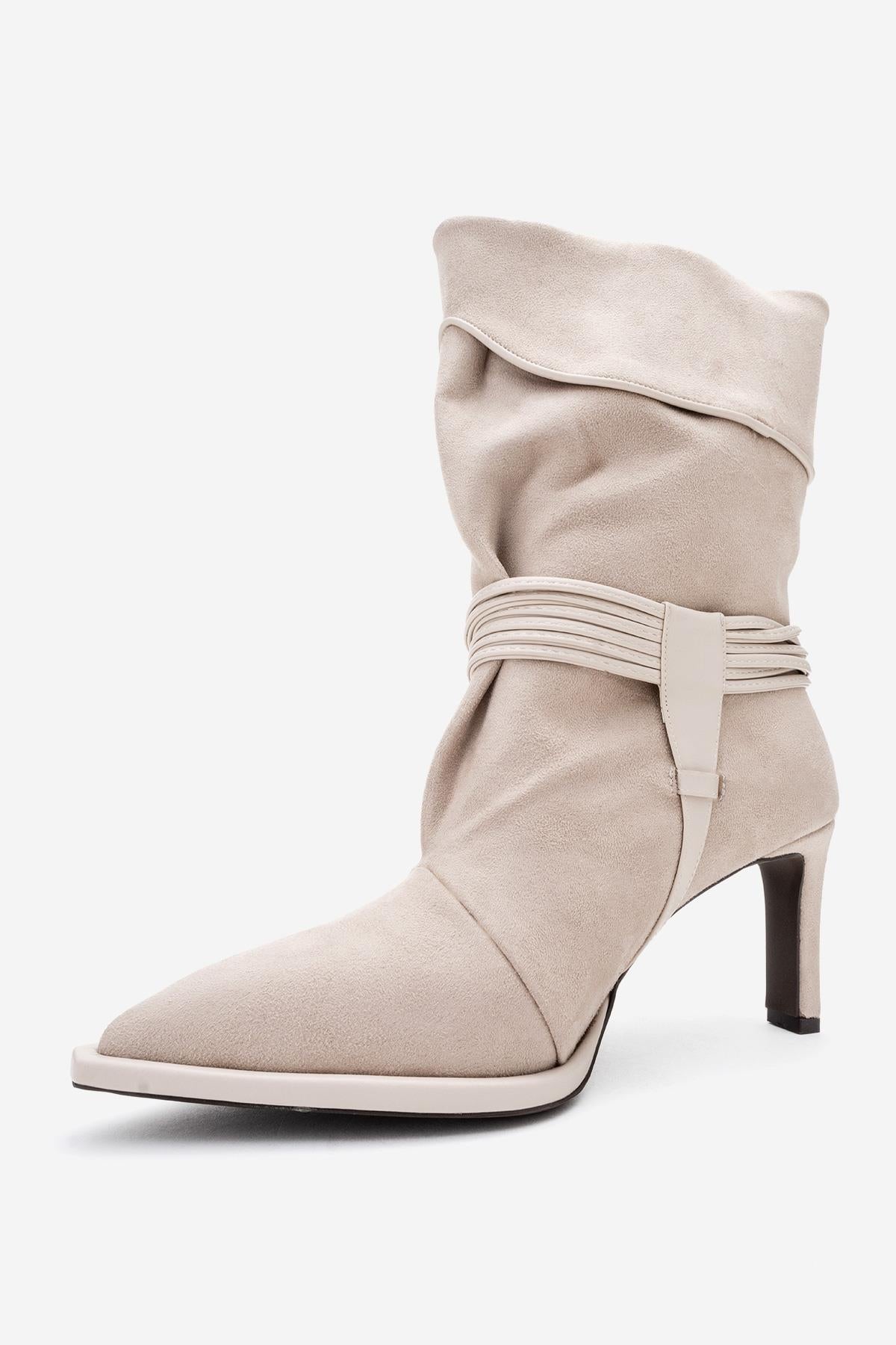 Myra - Beige Banded Buckle Heeled Ankle Boot – heel view showing suede, Vowalisse