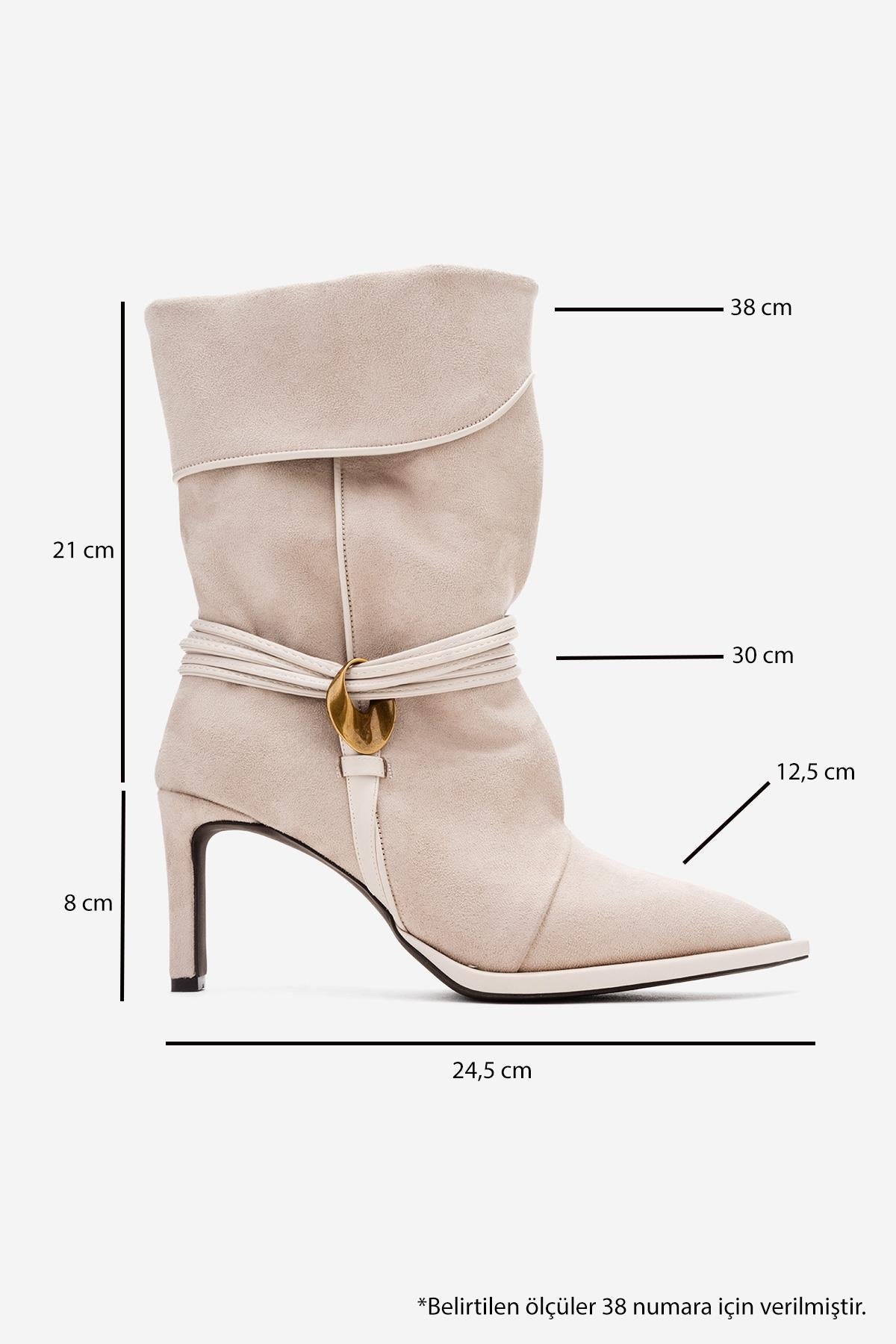 Myra - Beige Banded Buckle Heeled Ankle Boot – top view showing suede, Vowalisse