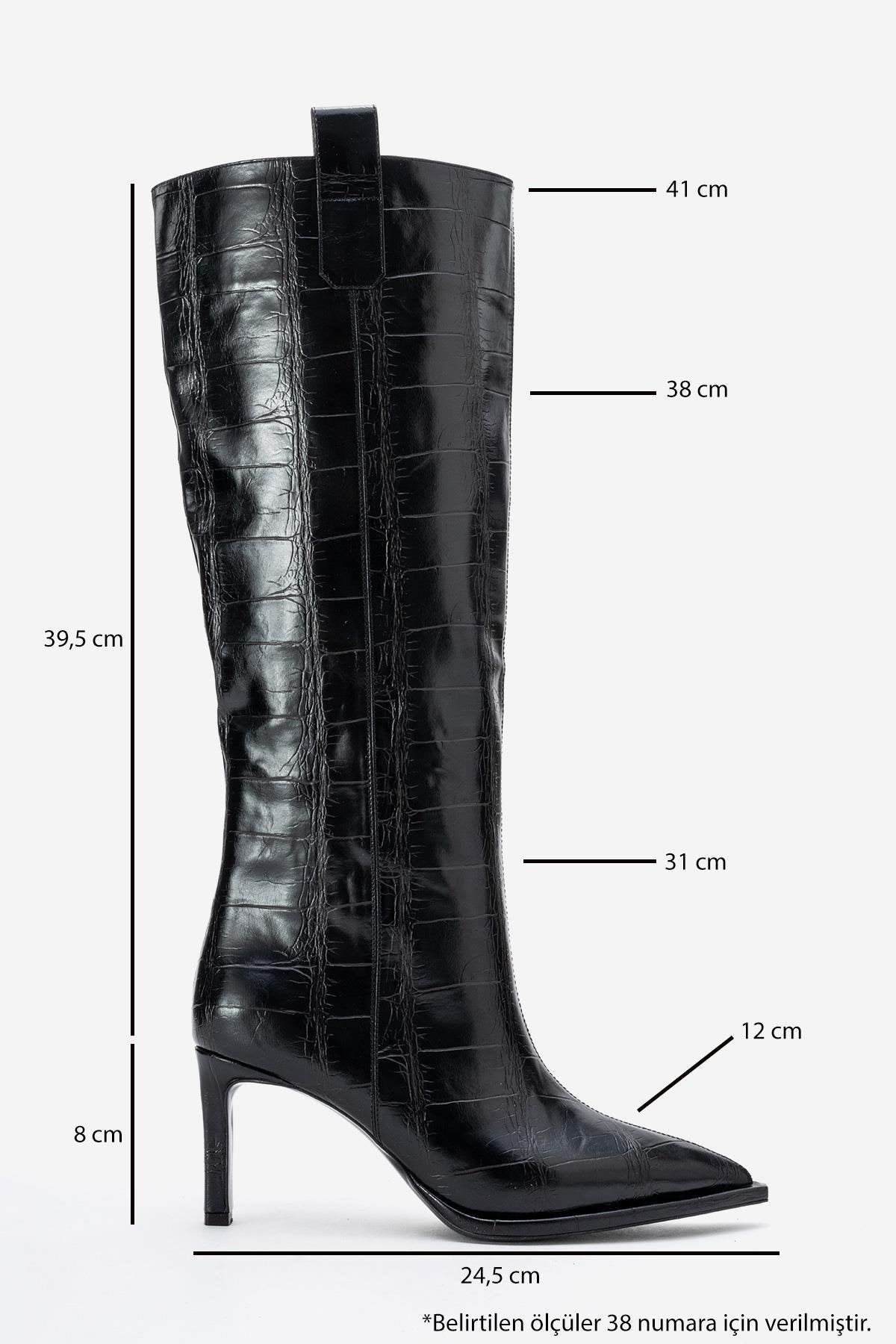Lunelle - Black Pointed Toe Stiletto Heel Knee-High Boot – top view showing leather, black, Vowalisse