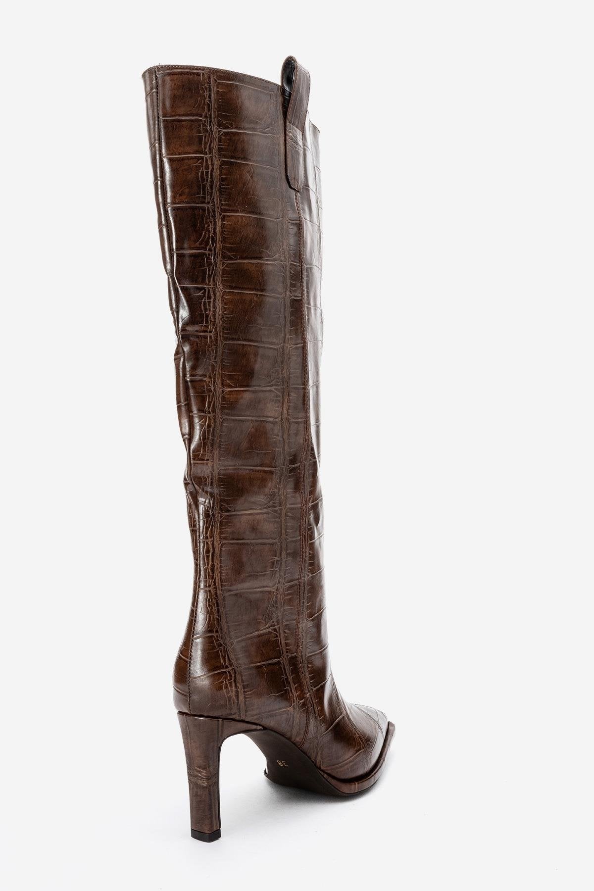 Lunelle - Brown Pointed Toe Stiletto Heel Knee-High Boot – top view showing leather, red, Vowalisse