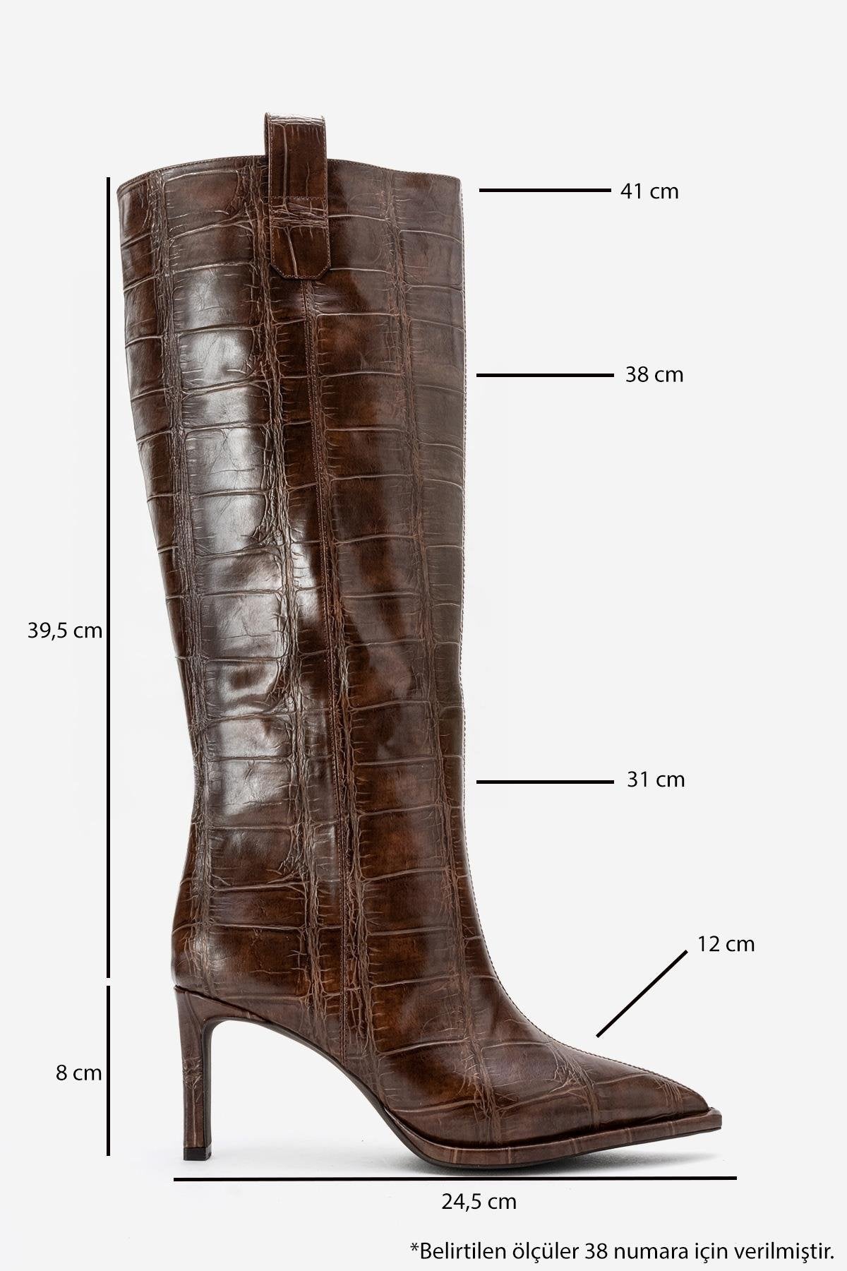 Lunelle - Brown Pointed Toe Stiletto Heel Knee-High Boot – sole view showing leather, red, Vowalisse