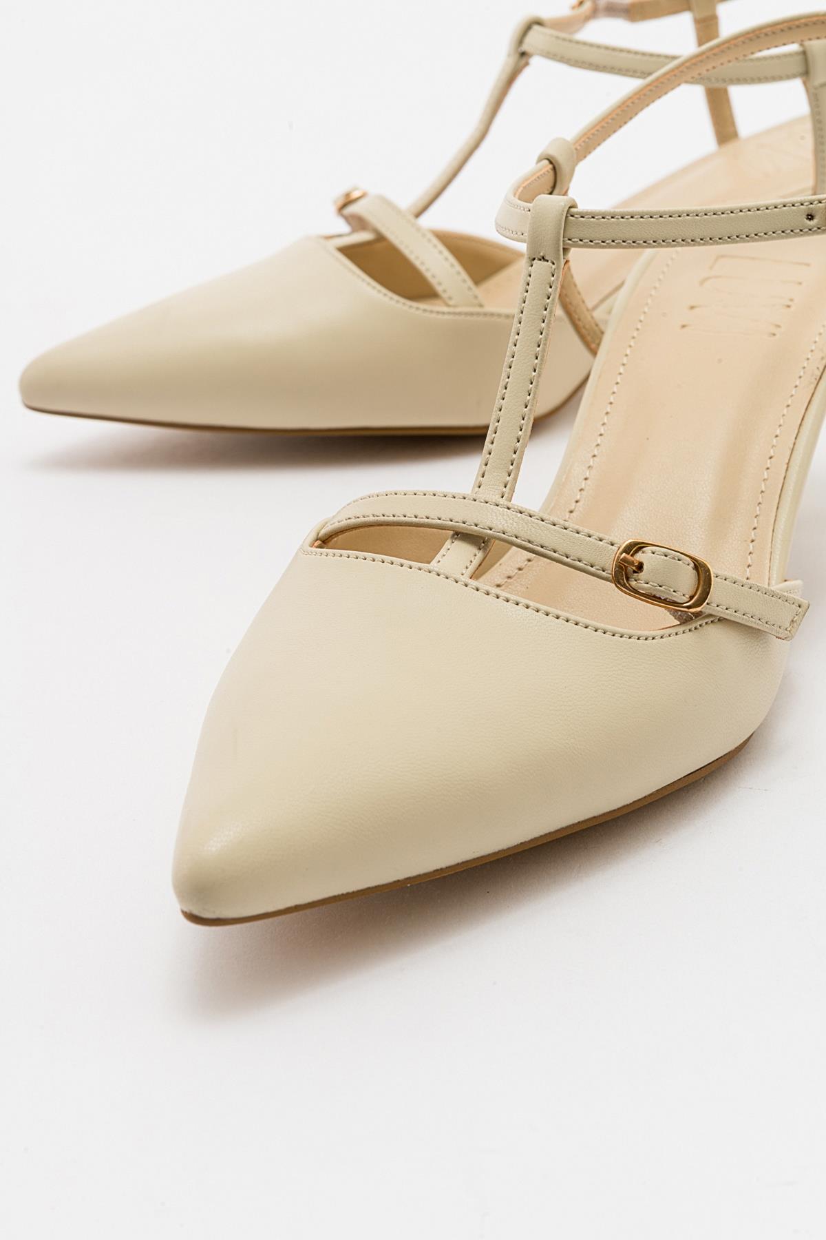 Frans - Off-White Pointed Toe Backless Low Heel Shoe – heel view showing leather, white, Vowalisse