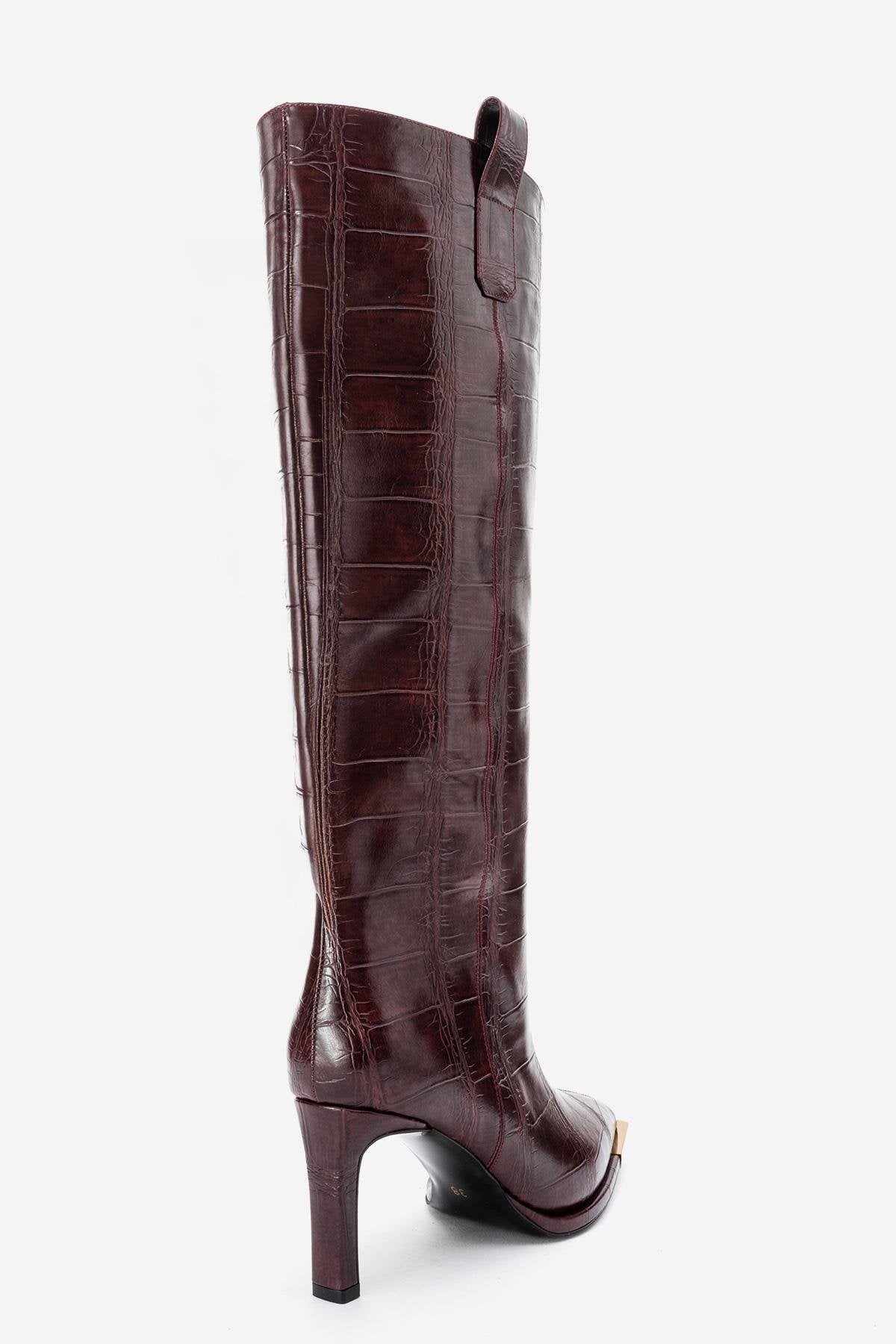 Lunelle - Burgundy Pointed Toe Stiletto Heel Knee-High Boot – back view showing leather, gold, Vowalisse