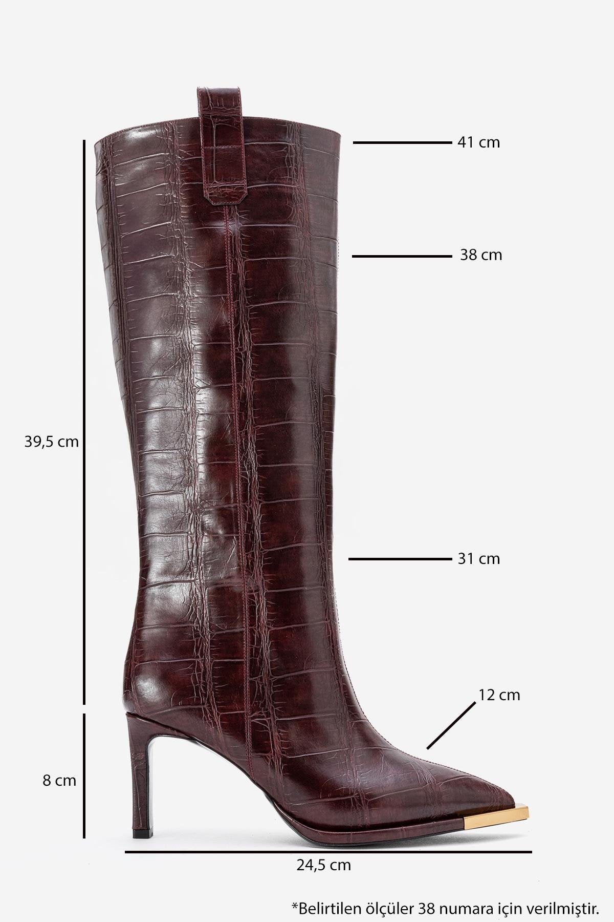 Lunelle - Burgundy Pointed Toe Stiletto Heel Knee-High Boot – top view showing leather, gold, Vowalisse