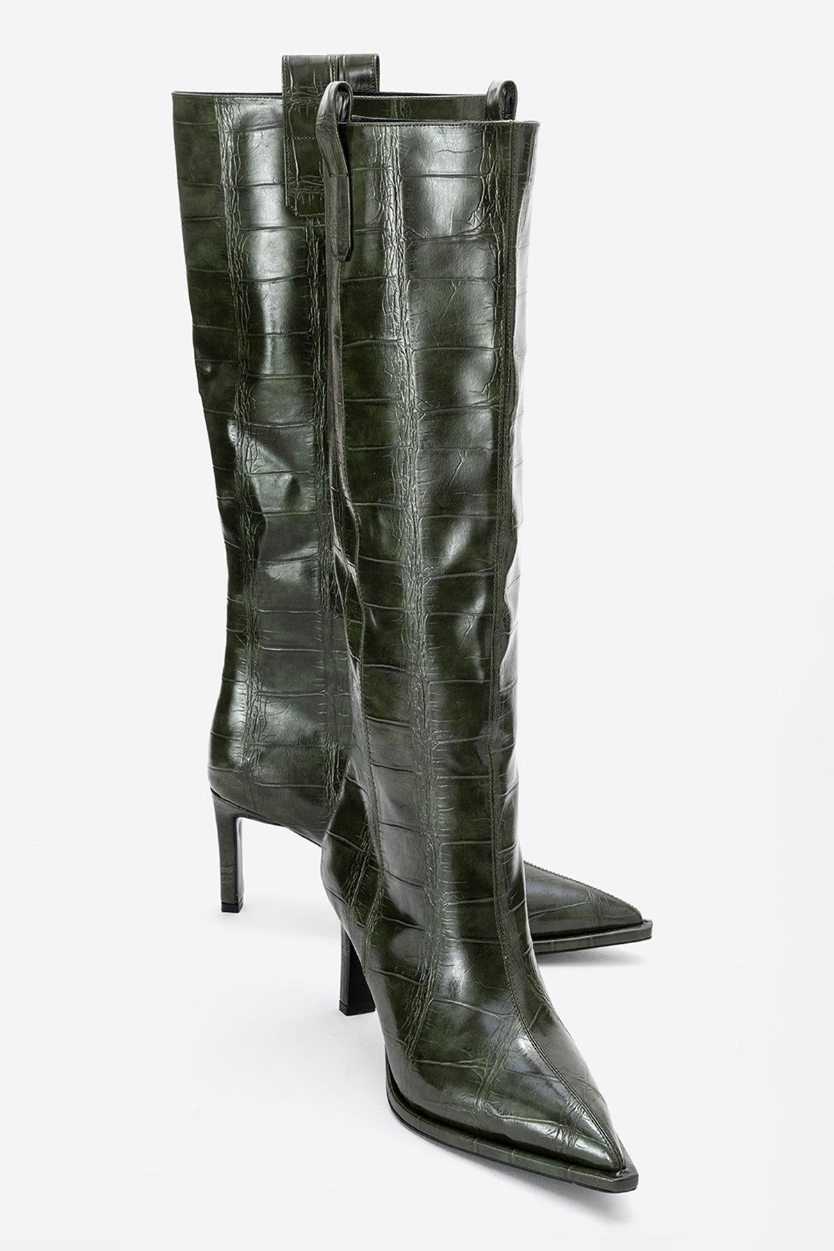 Lunelle - Emerald Pointed Toe Stiletto Heel Knee-High Boot – front three-quarter view showing leather, Vowalisse