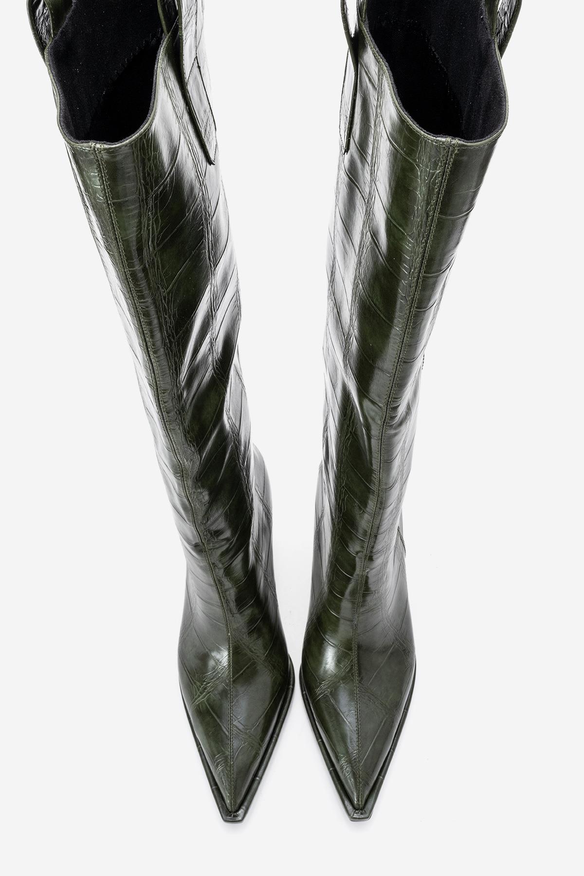 Lunelle - Emerald Pointed Toe Stiletto Heel Knee-High Boot – side view showing leather, Vowalisse