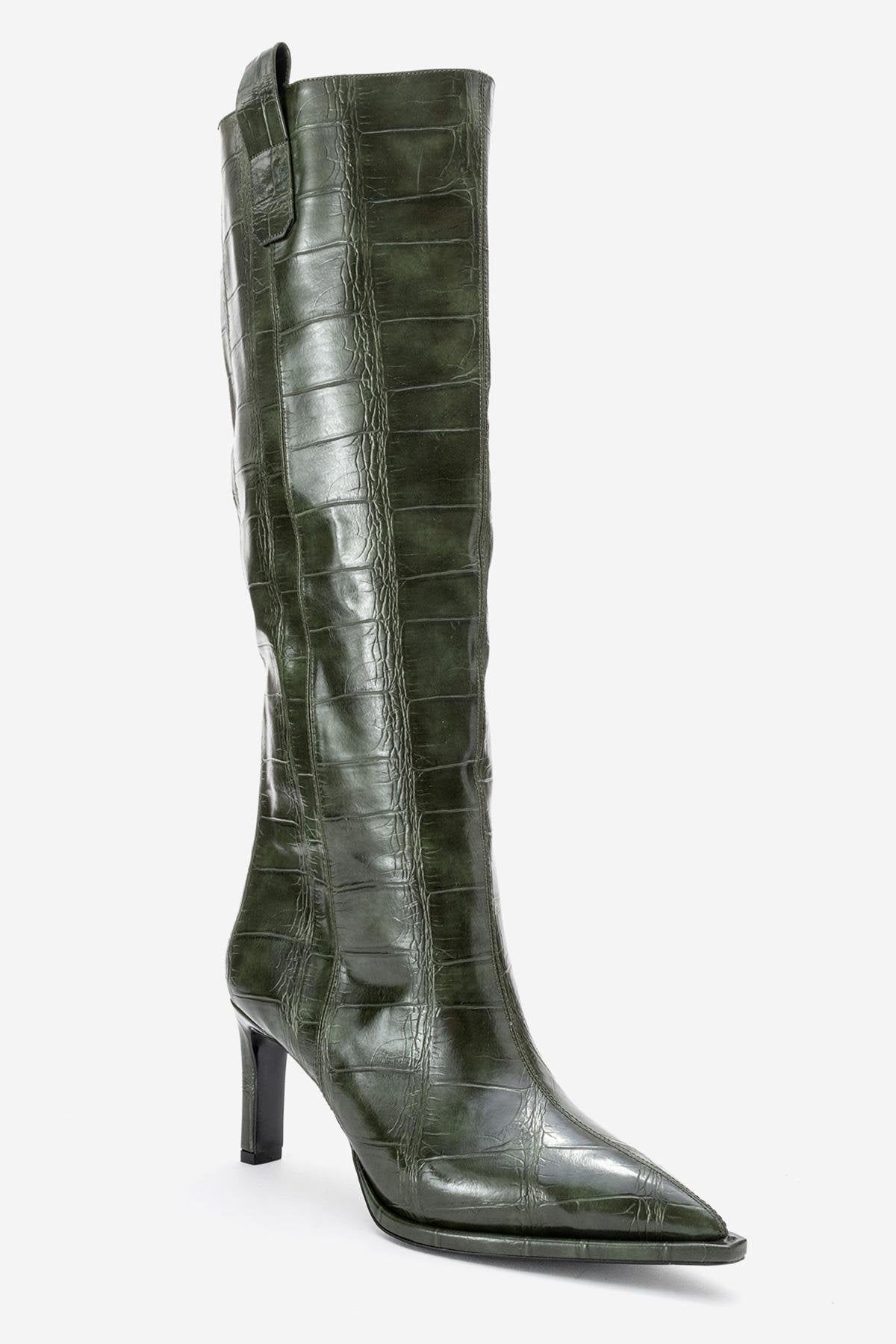 Lunelle - Emerald Pointed Toe Stiletto Heel Knee-High Boot – detail view showing leather, Vowalisse