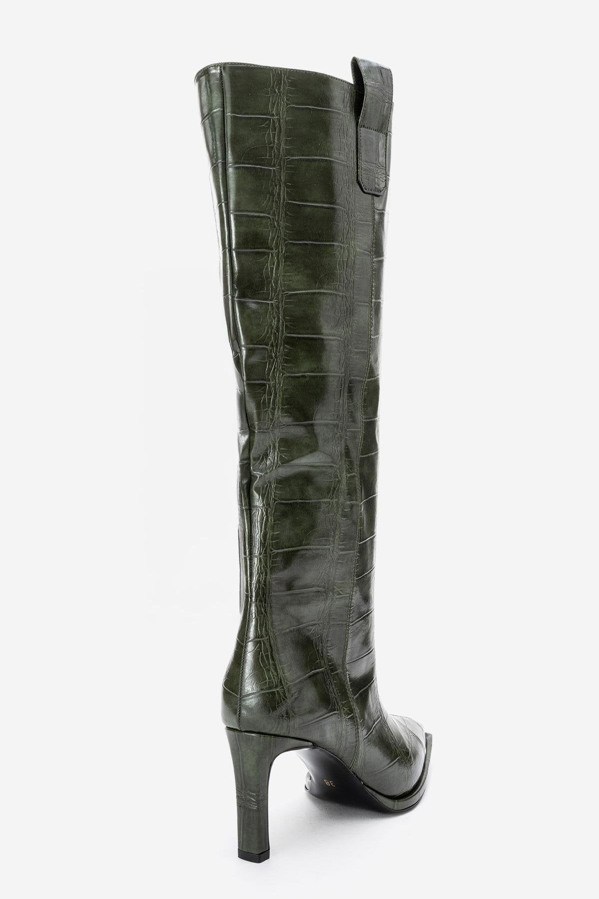 Lunelle - Emerald Pointed Toe Stiletto Heel Knee-High Boot – back view showing leather, Vowalisse
