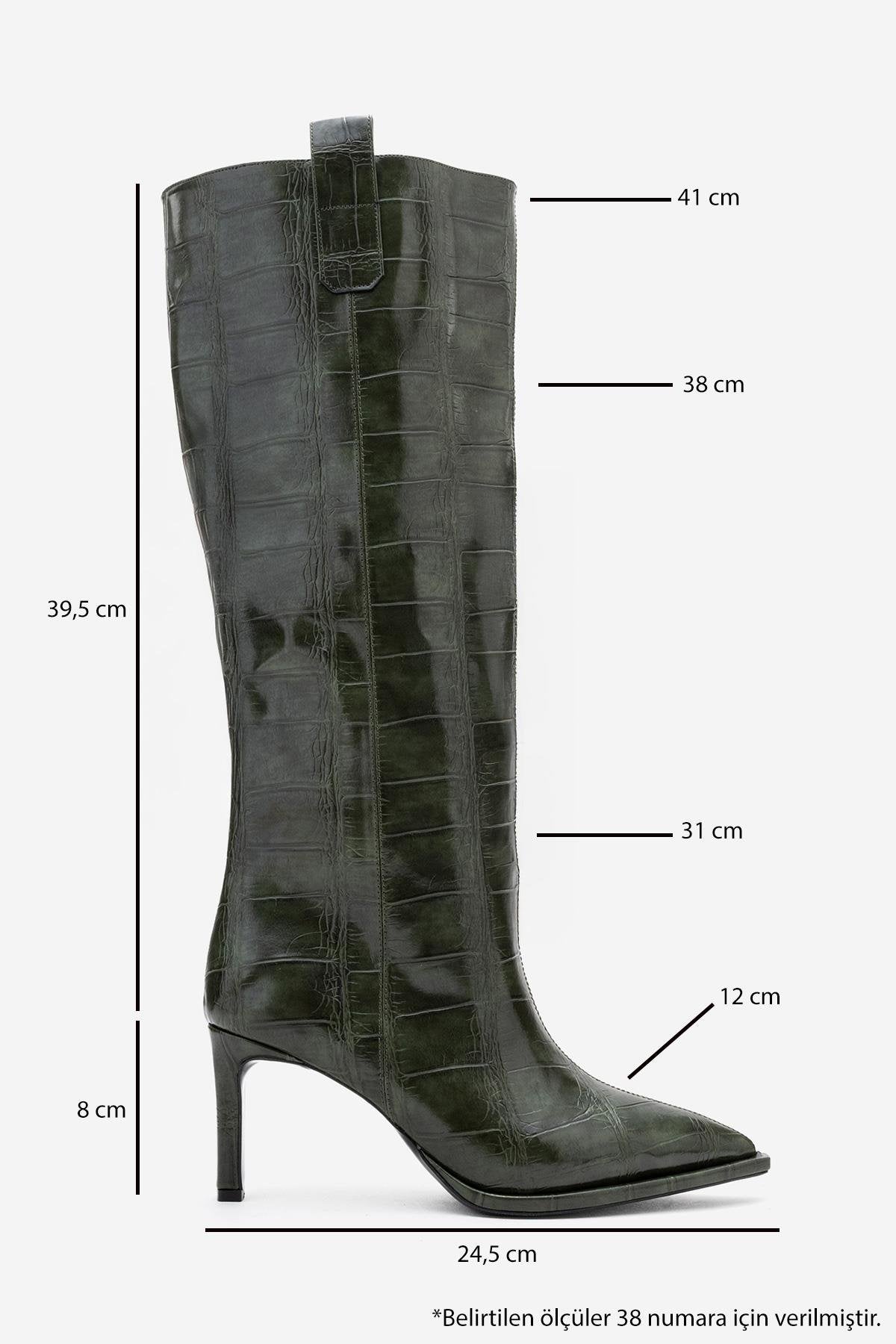 Lunelle - Emerald Pointed Toe Stiletto Heel Knee-High Boot – top view showing leather, Vowalisse