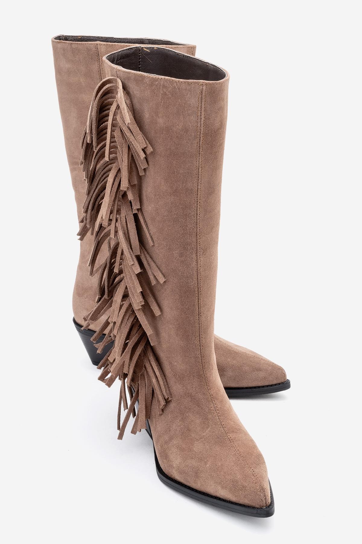 Orlo - Taupe Suede Genuine Leather Fringed Western Boot – front three-quarter view showing leather, suede, Vowalisse