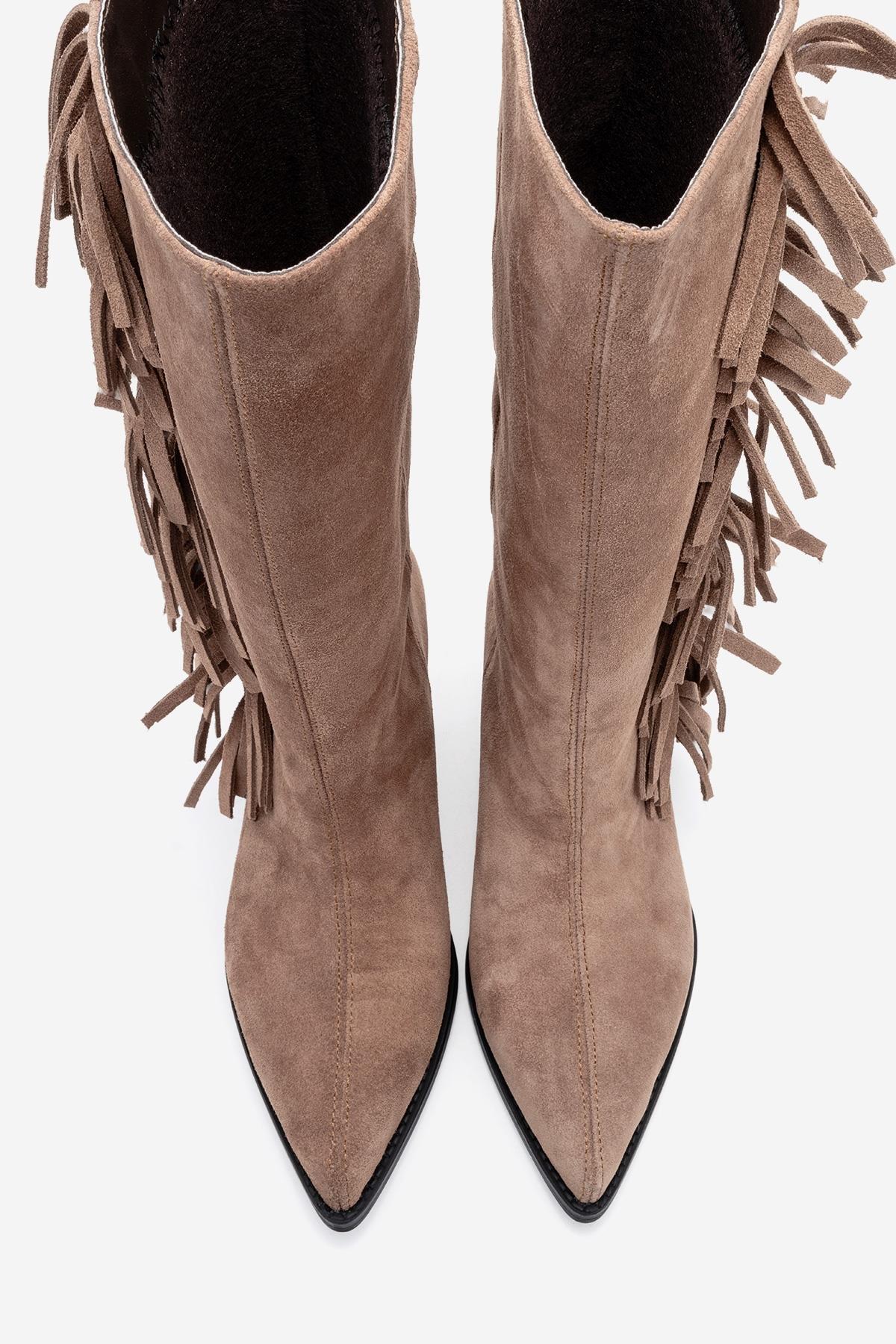 Orlo - Taupe Suede Genuine Leather Fringed Western Boot – side view showing leather, suede, Vowalisse