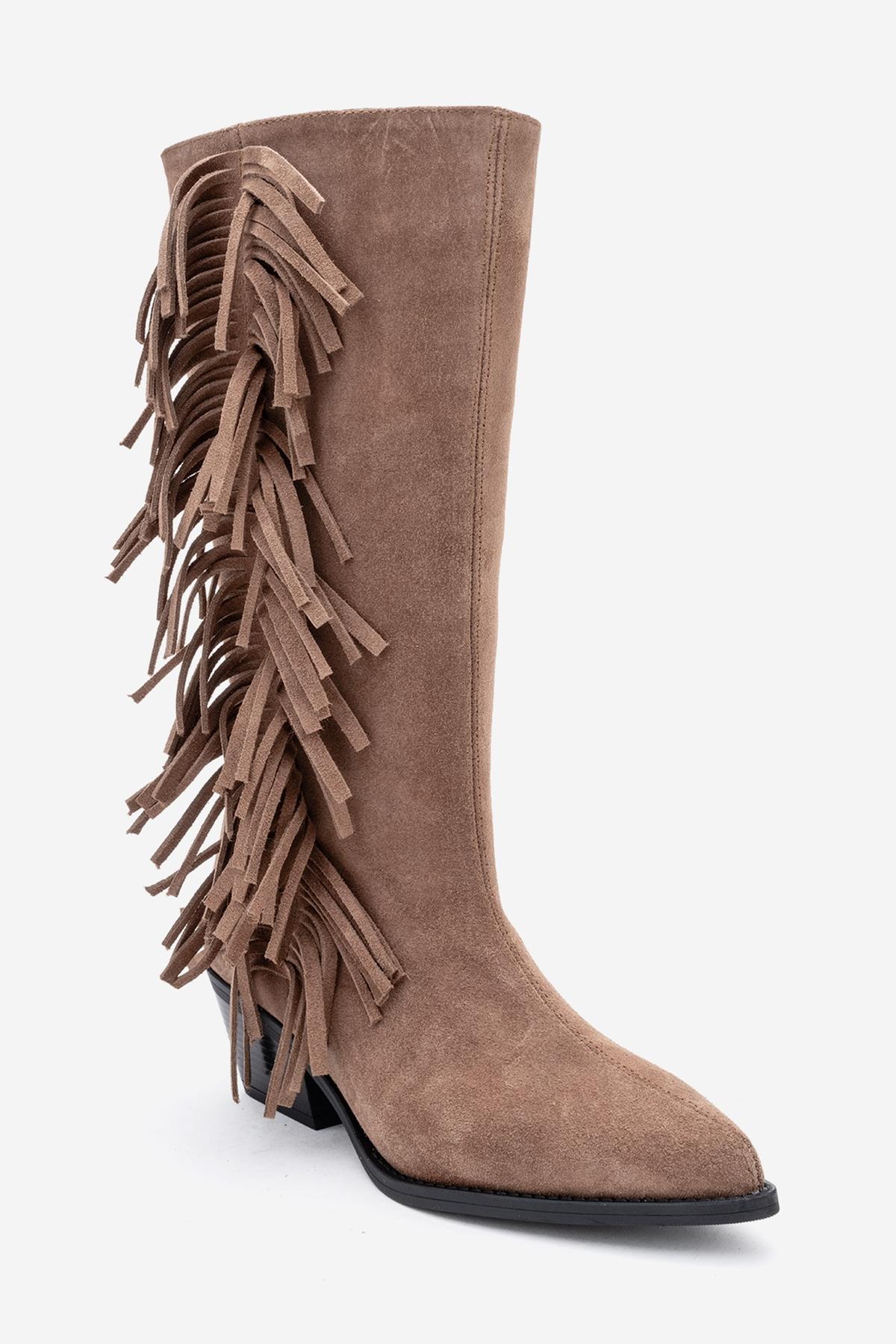 Orlo - Taupe Suede Genuine Leather Fringed Western Boot – detail view showing leather, suede, Vowalisse
