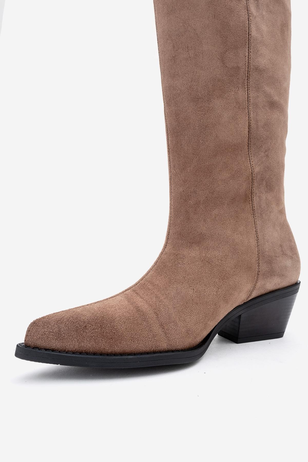 Orlo - Taupe Suede Genuine Leather Fringed Western Boot – heel view showing leather, suede, Vowalisse
