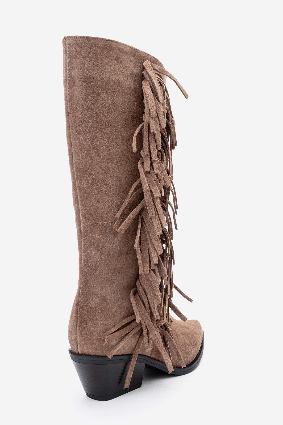 Orlo - Taupe Suede Genuine Leather Fringed Western Boot – back view showing leather, suede, Vowalisse