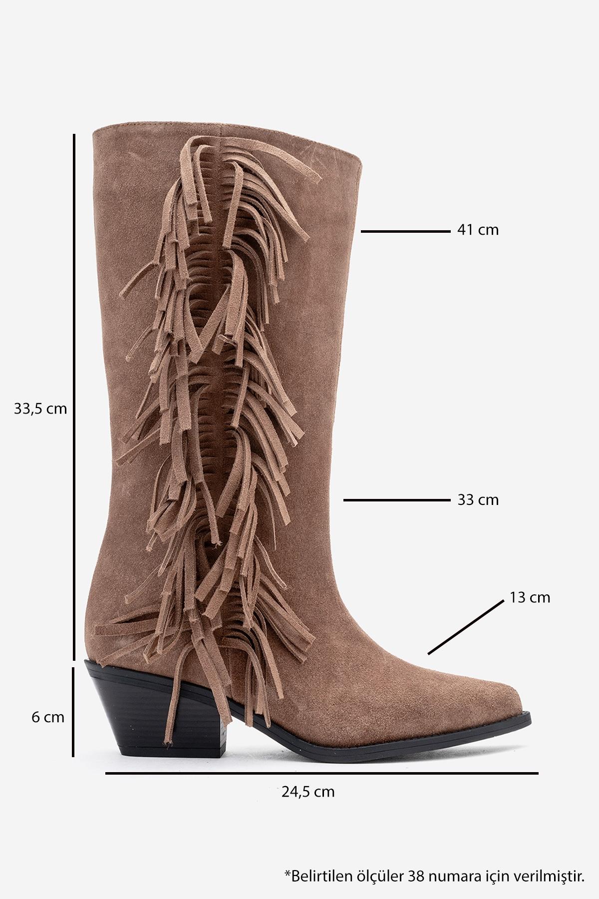 Orlo - Taupe Suede Genuine Leather Fringed Western Boot – top view showing leather, suede, Vowalisse