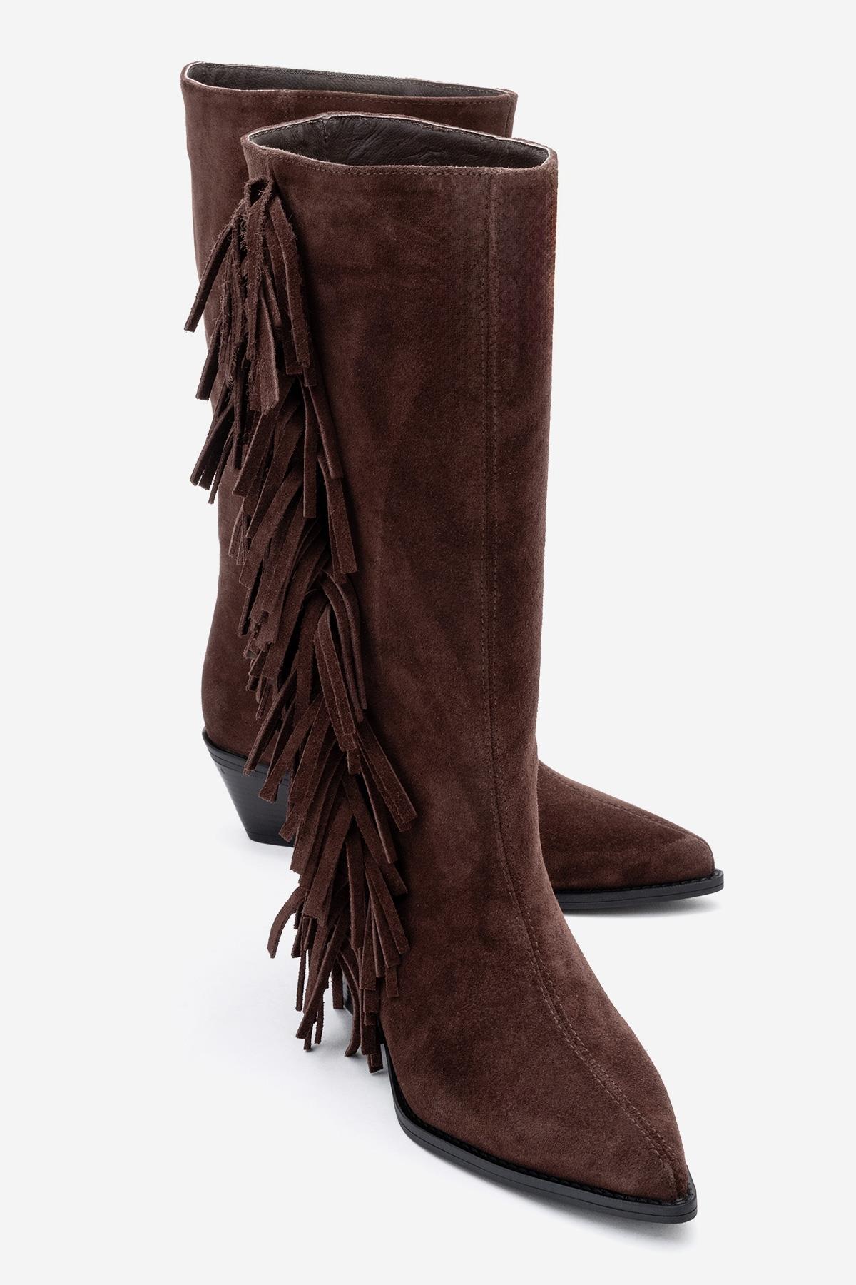 Orlo - Brown Suede Genuine Leather Fringed Western Boot – front three-quarter view showing leather, suede, Vowalisse