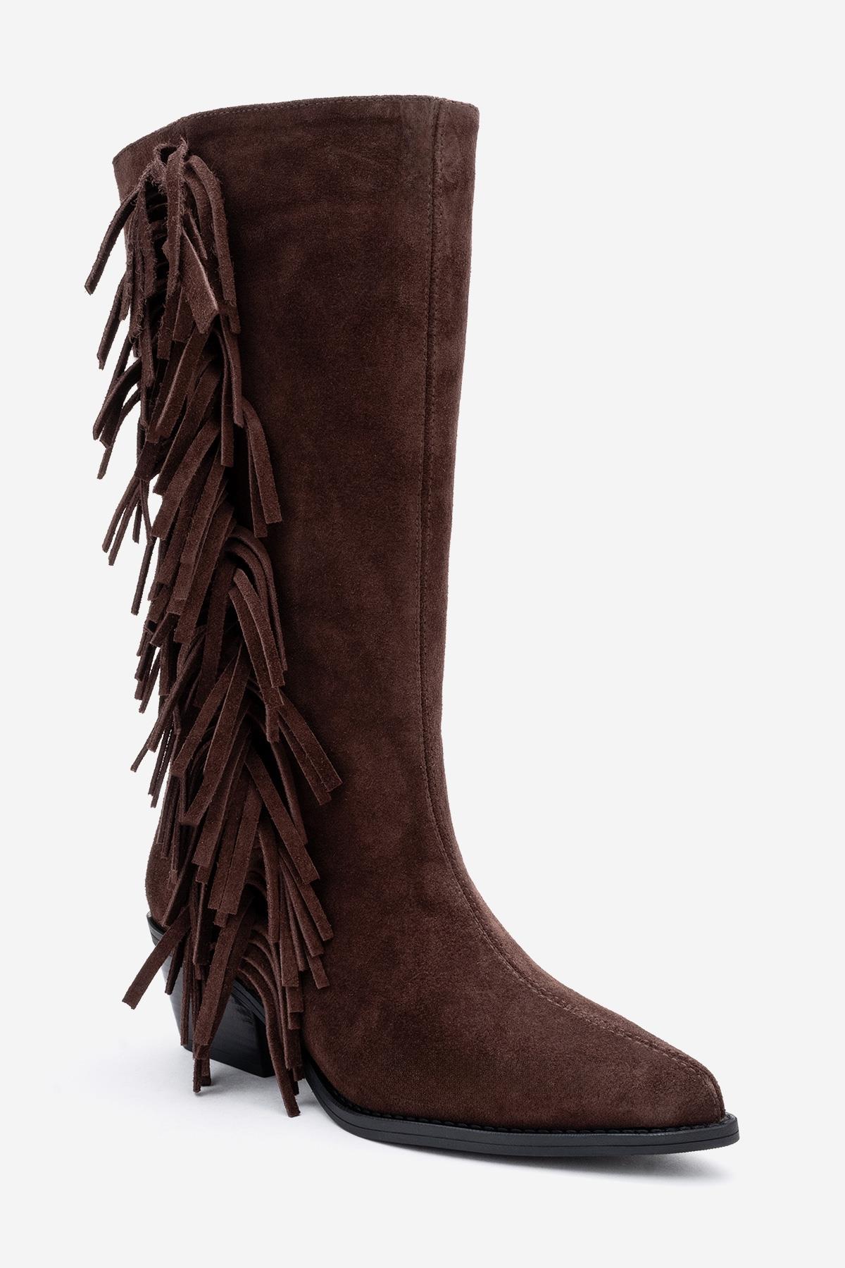 Orlo - Brown Suede Genuine Leather Fringed Western Boot – detail view showing leather, suede, Vowalisse