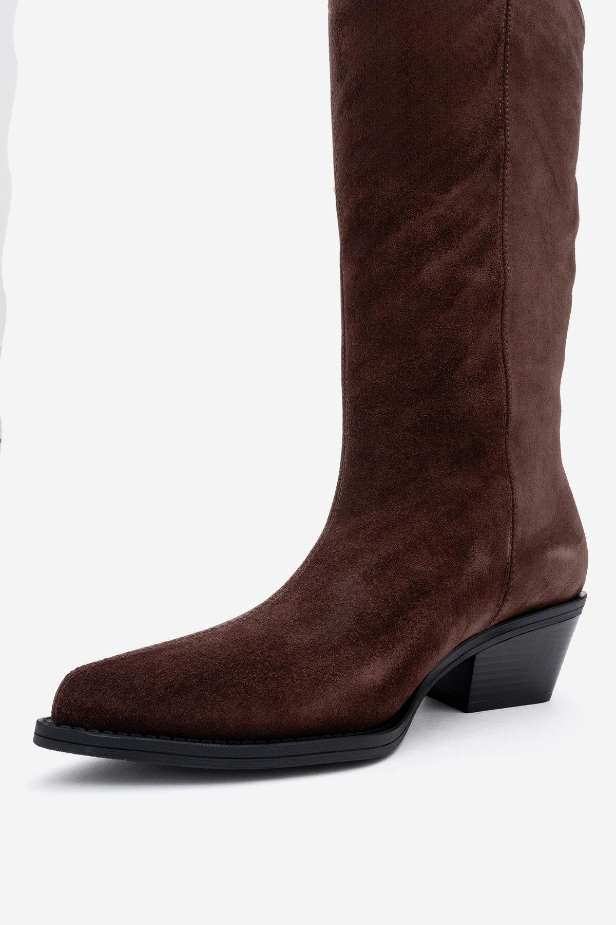 Orlo - Brown Suede Genuine Leather Fringed Western Boot – heel view showing leather, suede, Vowalisse