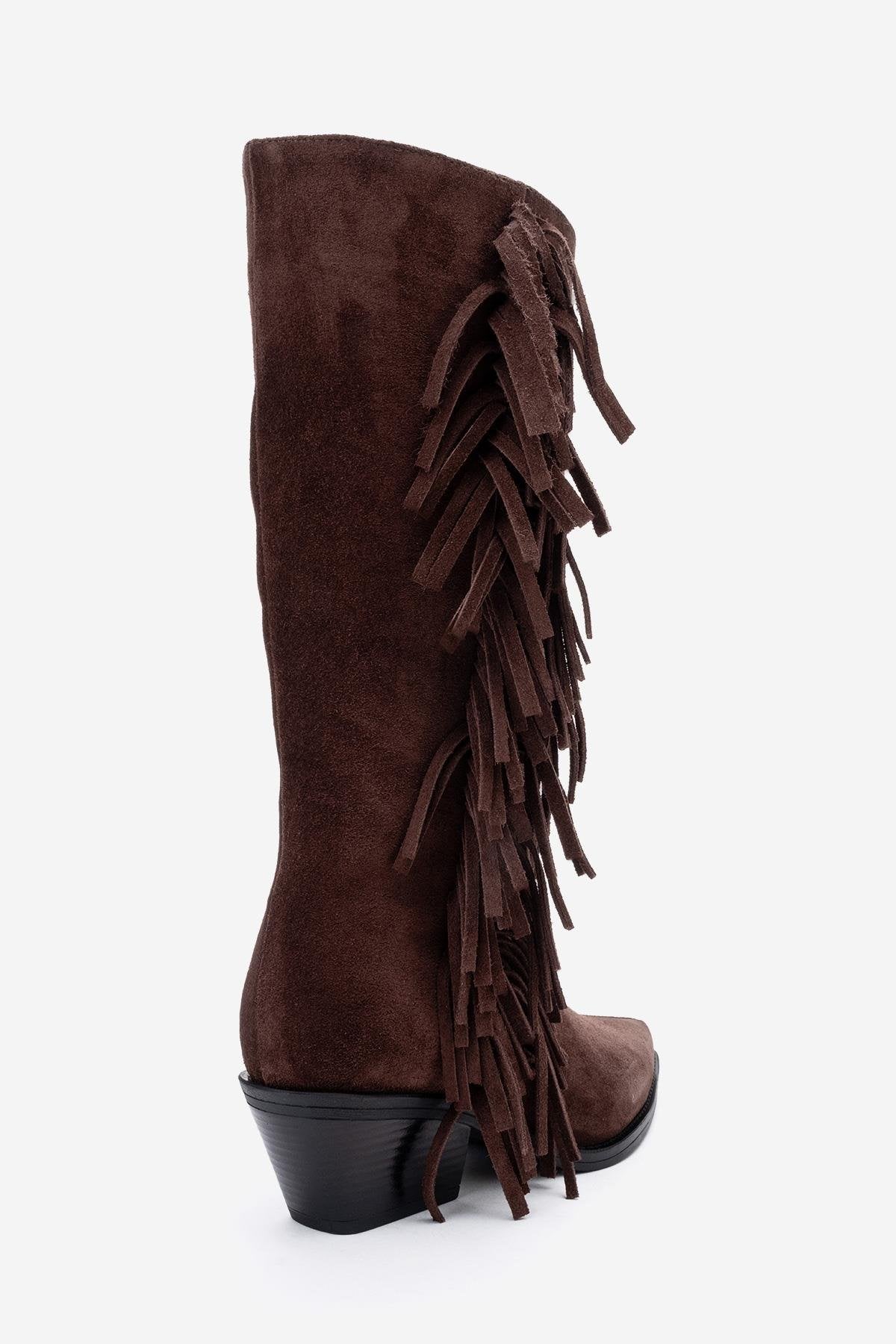Orlo - Brown Suede Genuine Leather Fringed Western Boot – back view showing leather, suede, Vowalisse