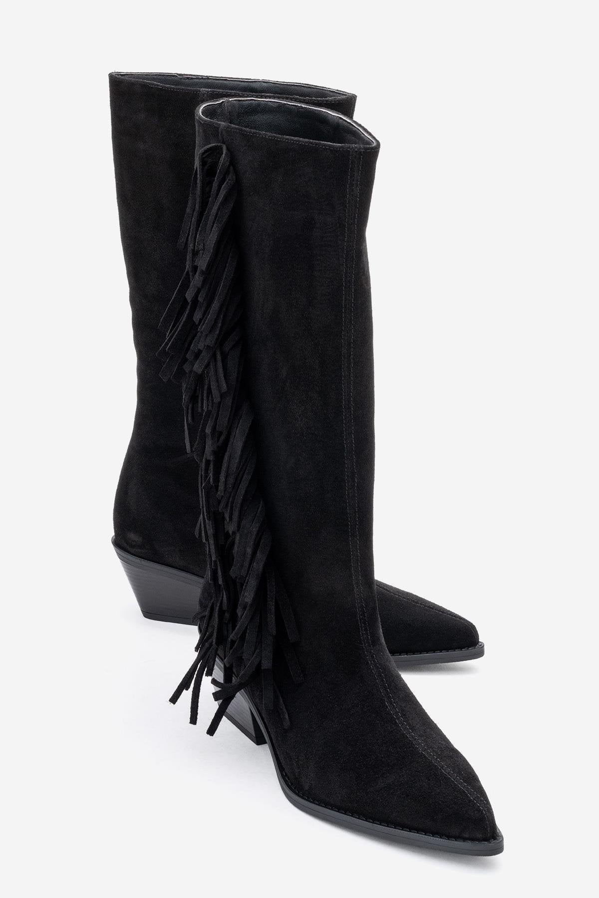 Orlo - Black Suede Genuine Leather Fringed Western Boot – front three-quarter view showing leather, suede, black, Vowalisse