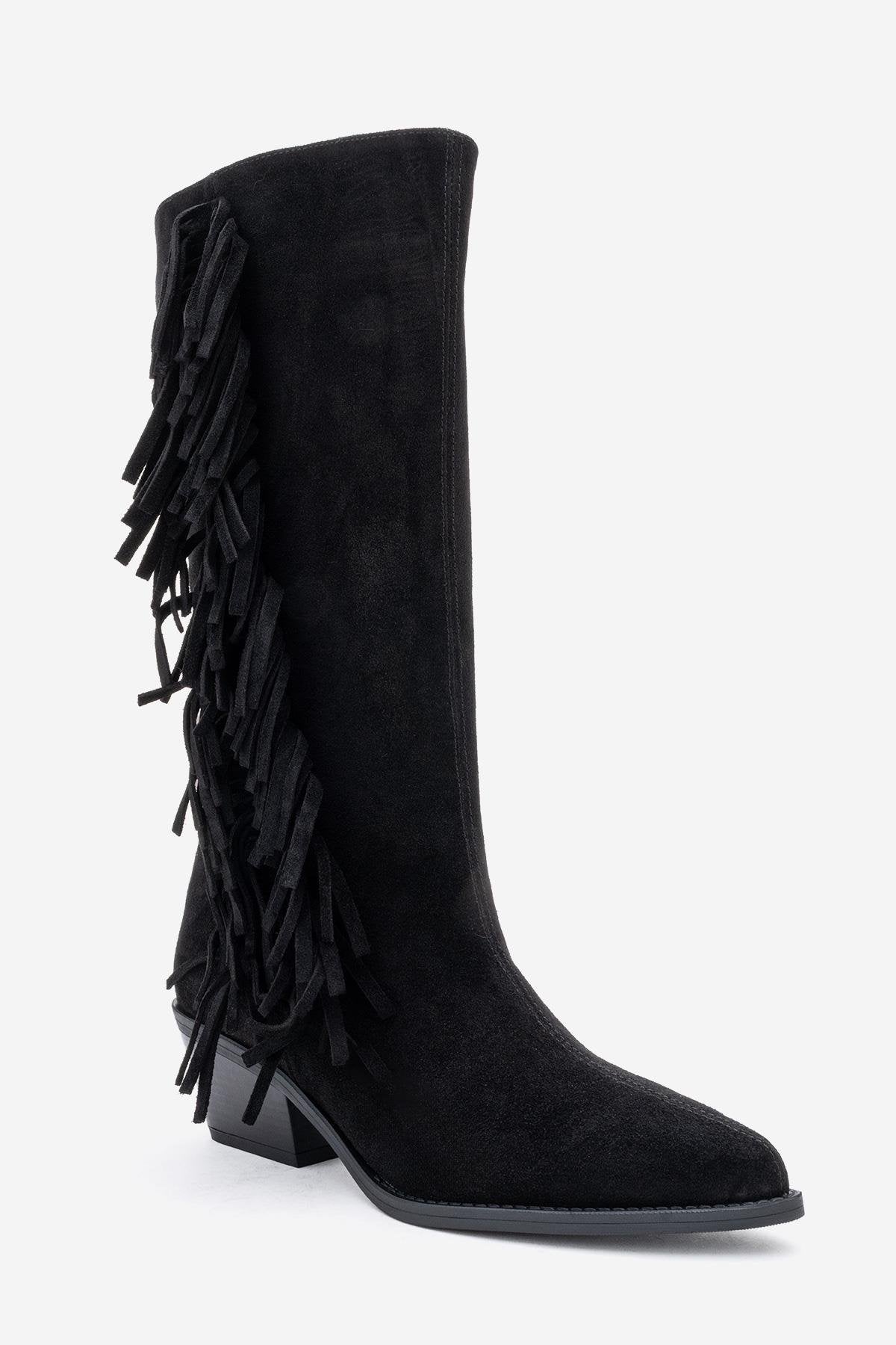 Orlo - Black Suede Genuine Leather Fringed Western Boot – detail view showing leather, suede, black, Vowalisse