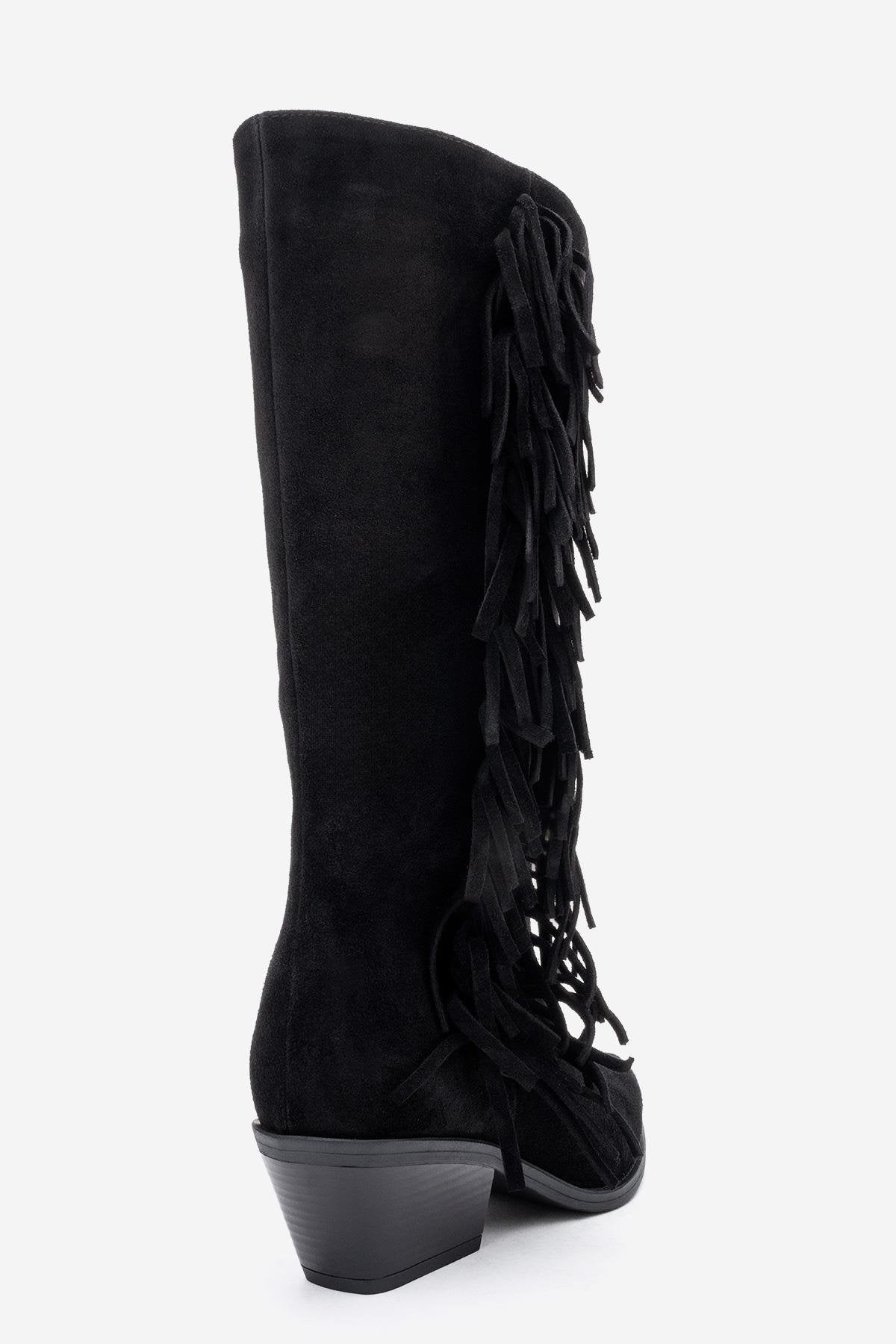 Orlo - Black Suede Genuine Leather Fringed Western Boot – back view showing leather, suede, black, Vowalisse