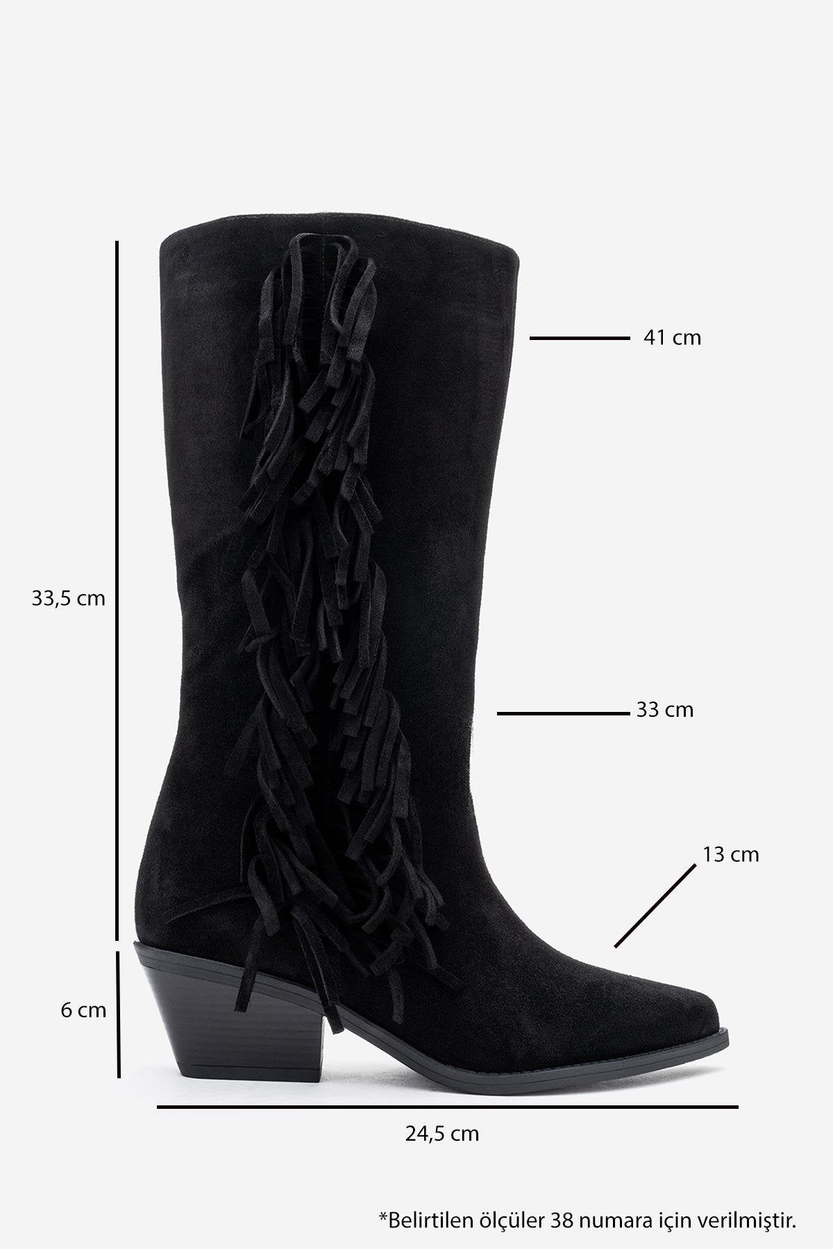 Orlo - Black Suede Genuine Leather Fringed Western Boot – top view showing leather, suede, black, Vowalisse