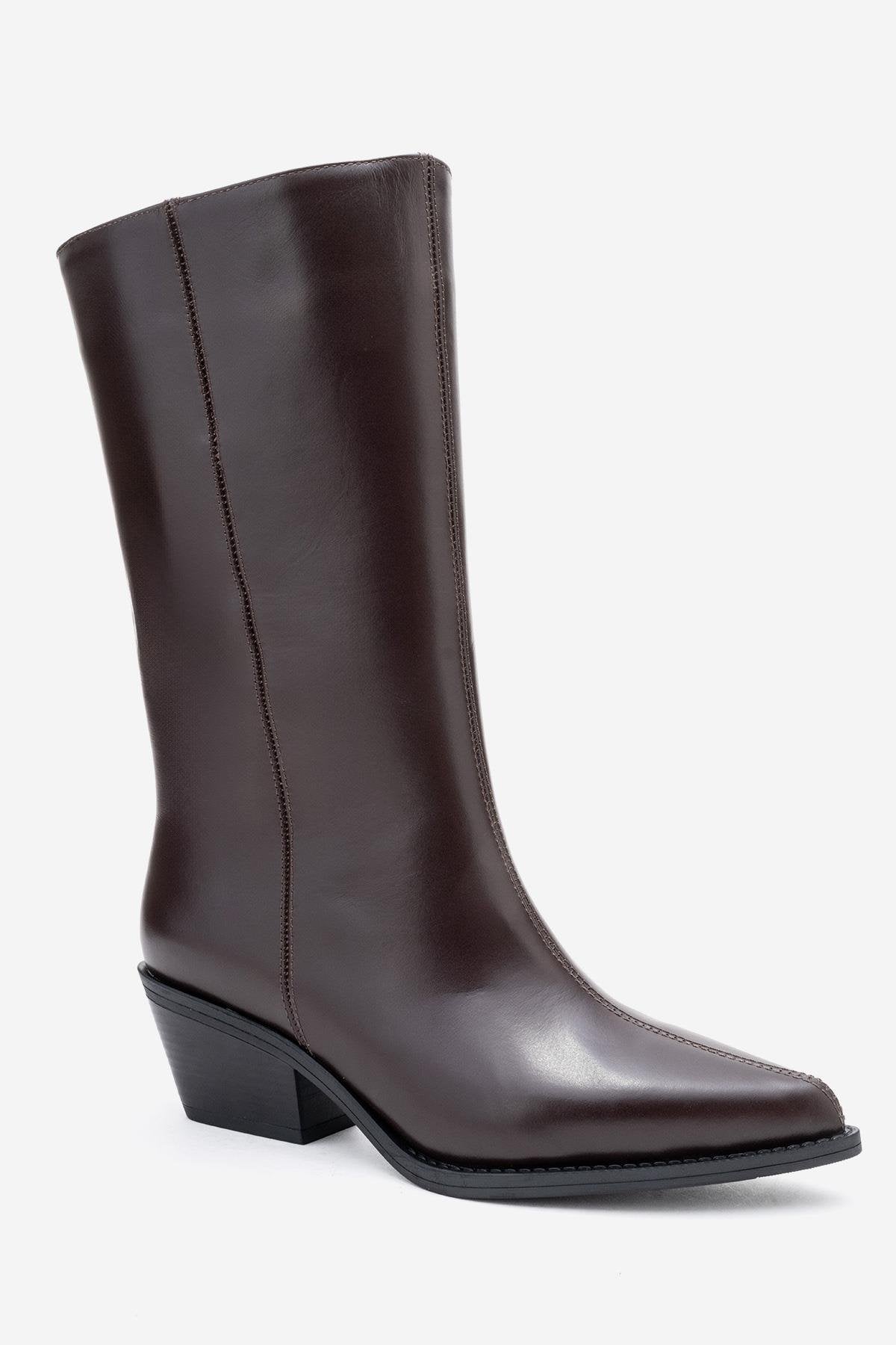 Juana - Brown Genuine Leather Pointed Toe Boot – detail view showing leather, red, Vowalisse