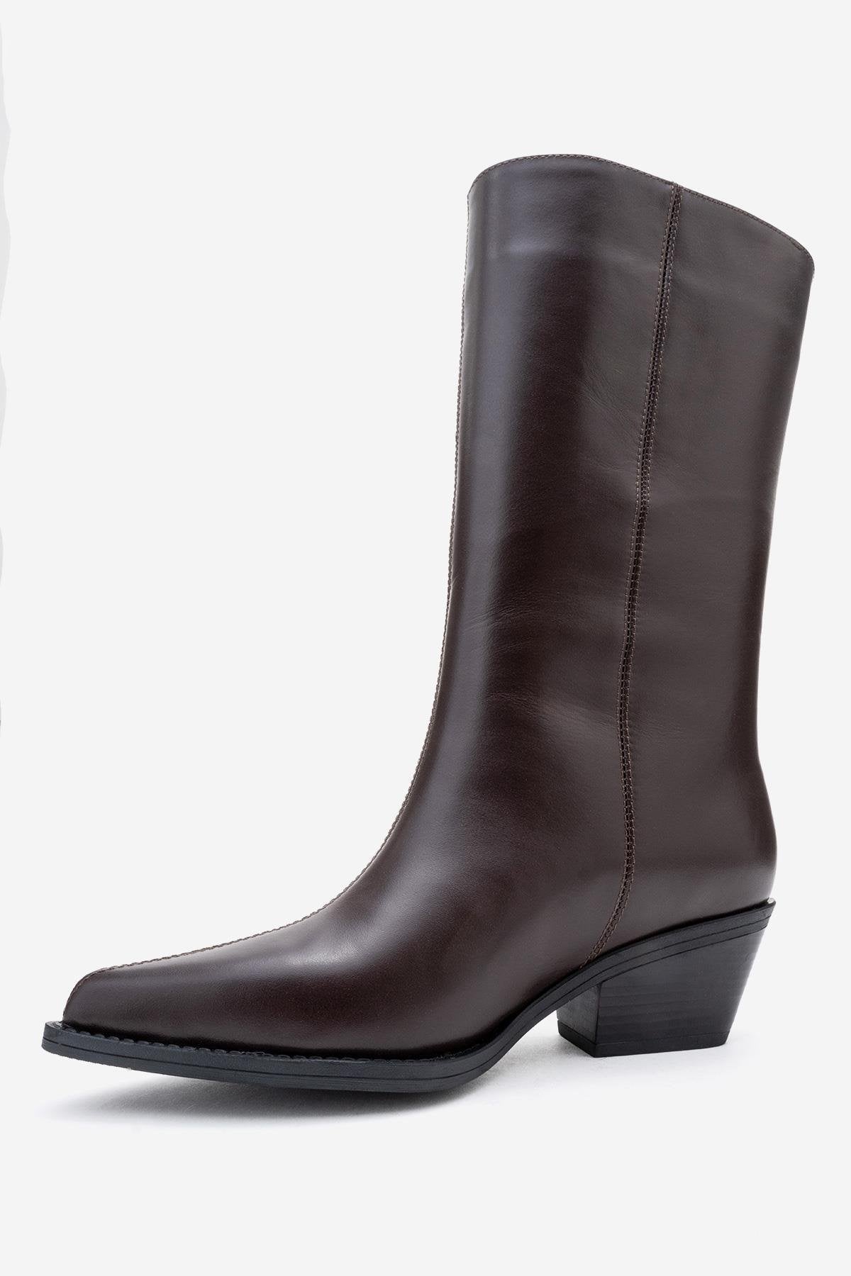 Juana - Brown Genuine Leather Pointed Toe Boot – heel view showing leather, red, Vowalisse