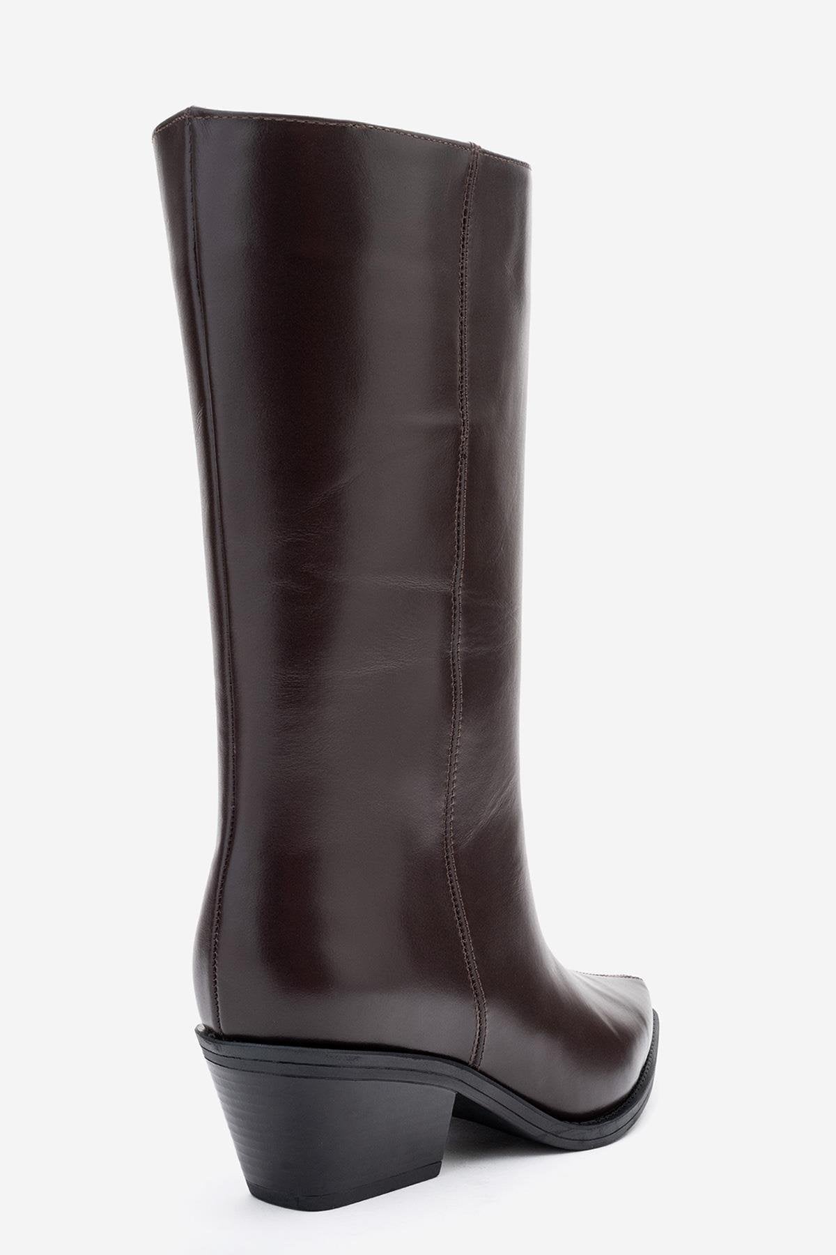 Juana - Brown Genuine Leather Pointed Toe Boot – back view showing leather, red, Vowalisse