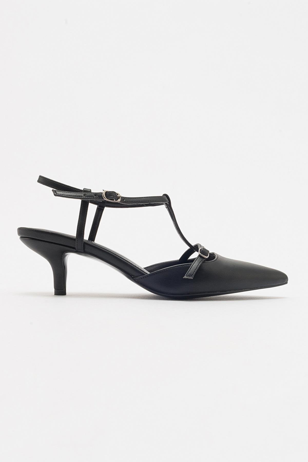 Frans - Black Pointed Toe Backless Low Heel Shoe – top view showing leather, black, Vowalisse