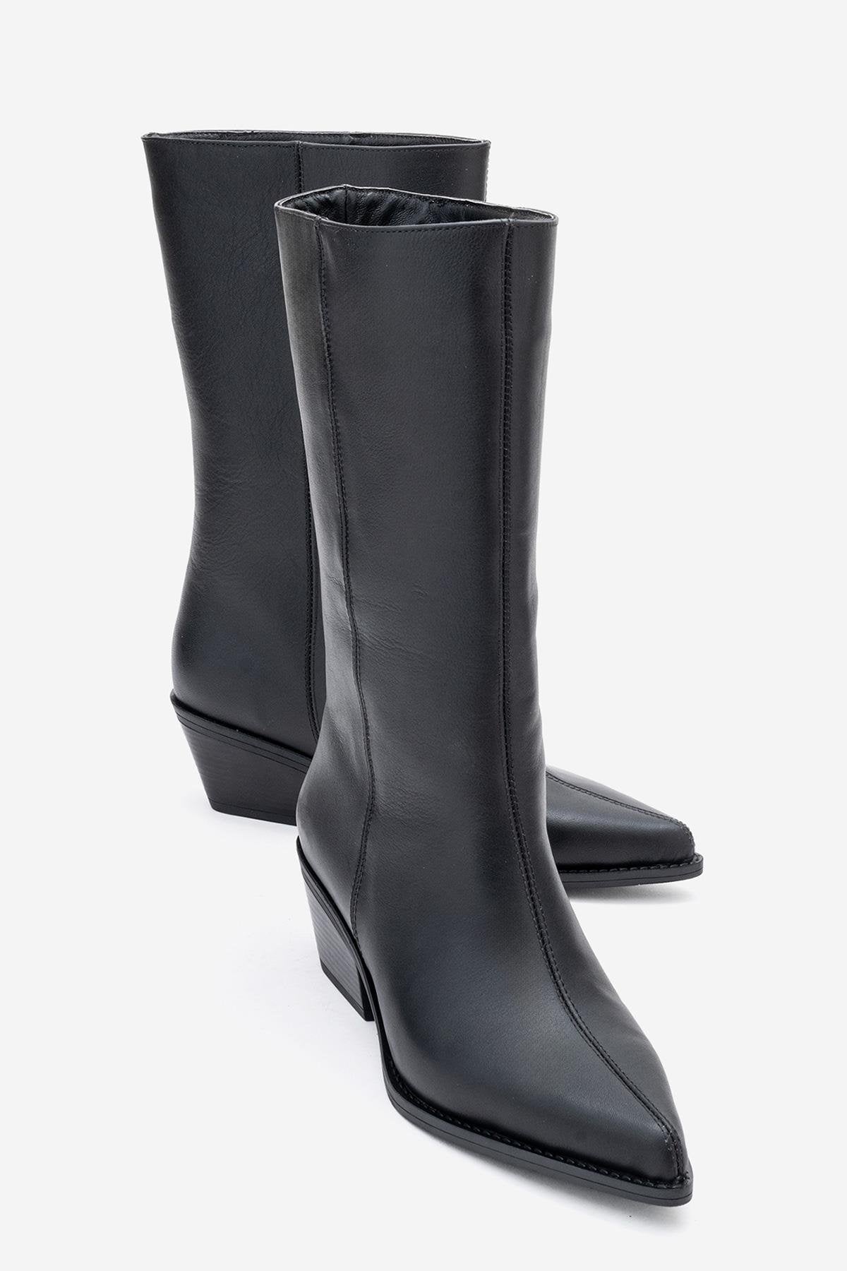 Juana - Black Genuine Leather Pointed Toe Boot – front three-quarter view showing leather, black, Vowalisse