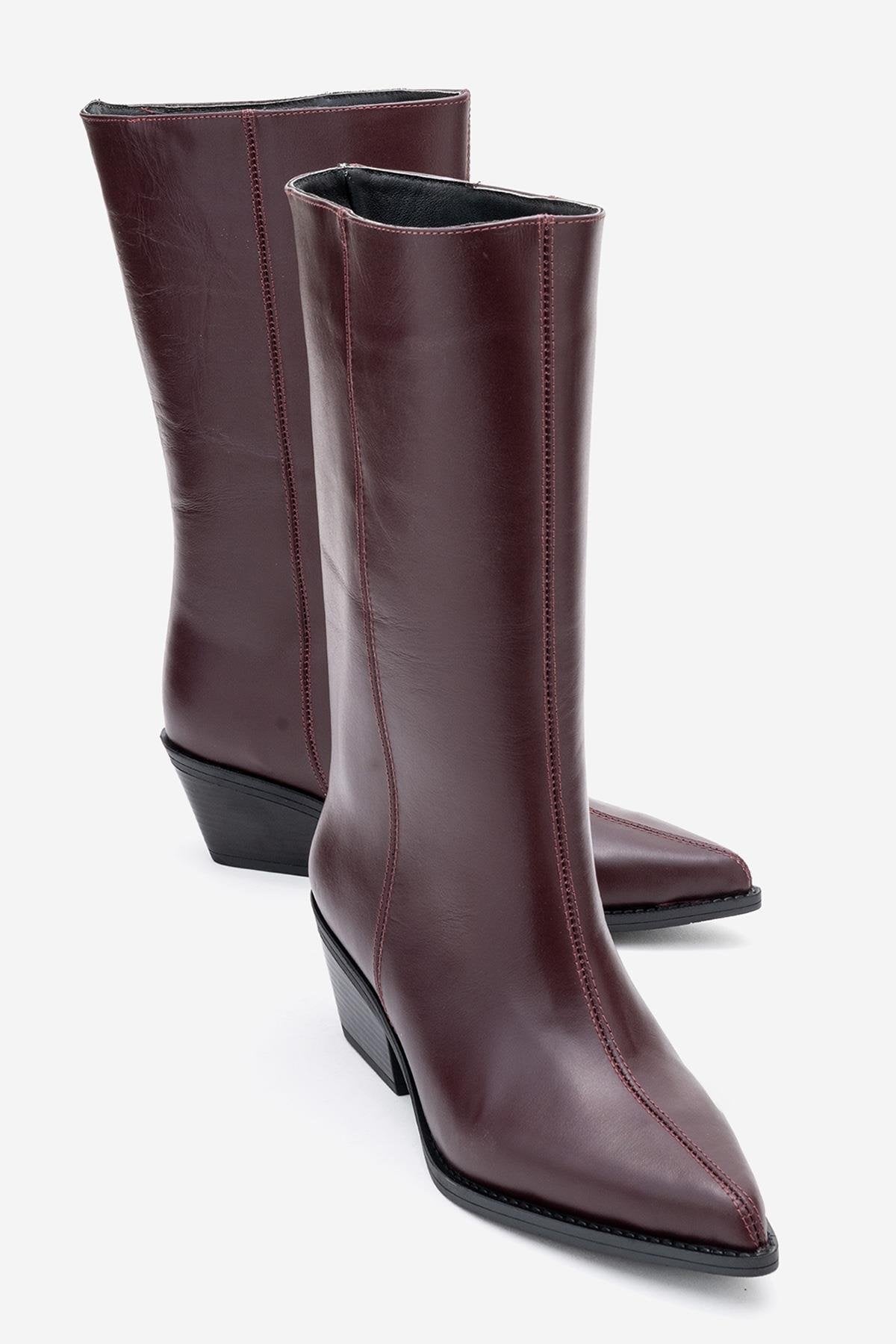 Juana - Burgundy Genuine Leather Pointed Toe Boot – front three-quarter view showing leather, Vowalisse