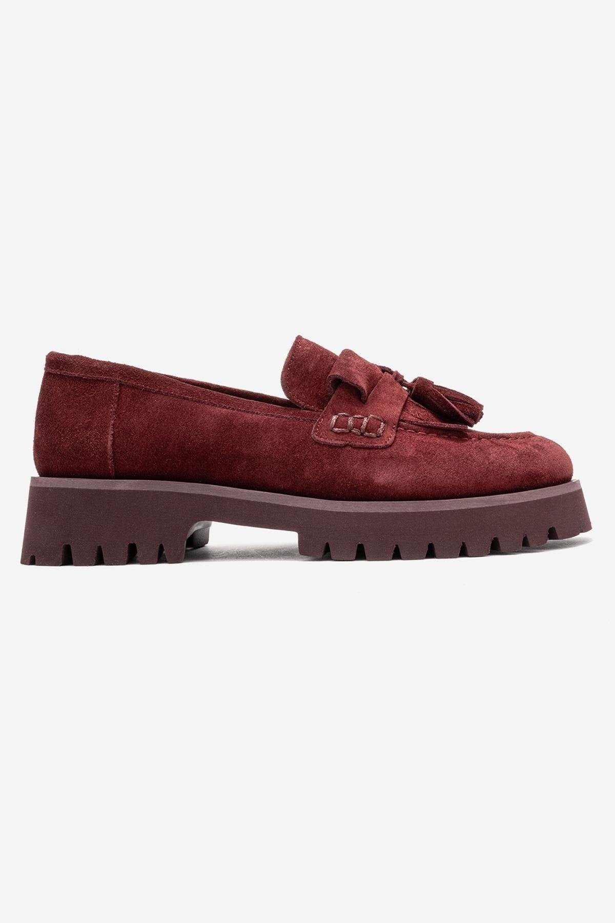Poen - Burgundy Suede Genuine Leather Tassel Loafer – top view showing leather, suede, Vowalisse