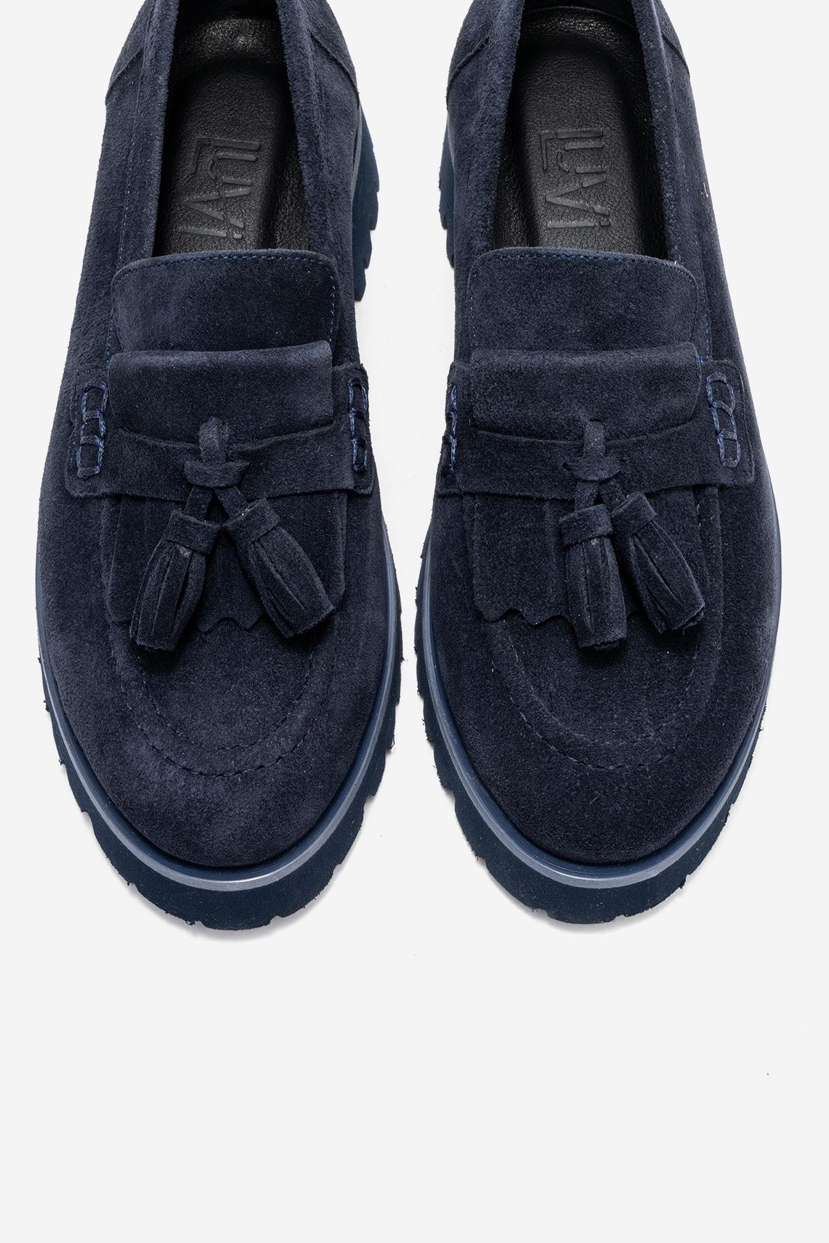 Poen - Navy Suede Genuine Leather Tassel Loafer – side view showing leather, suede, Vowalisse