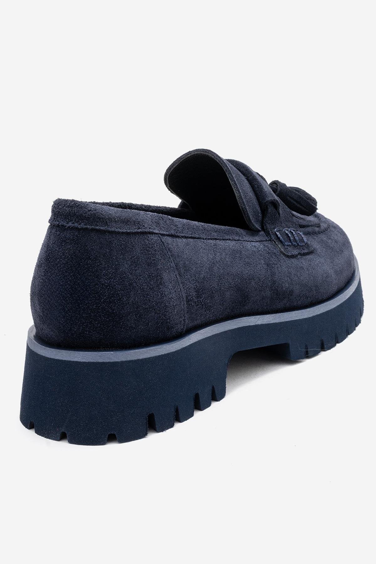 Poen - Navy Suede Genuine Leather Tassel Loafer – back view showing leather, suede, Vowalisse