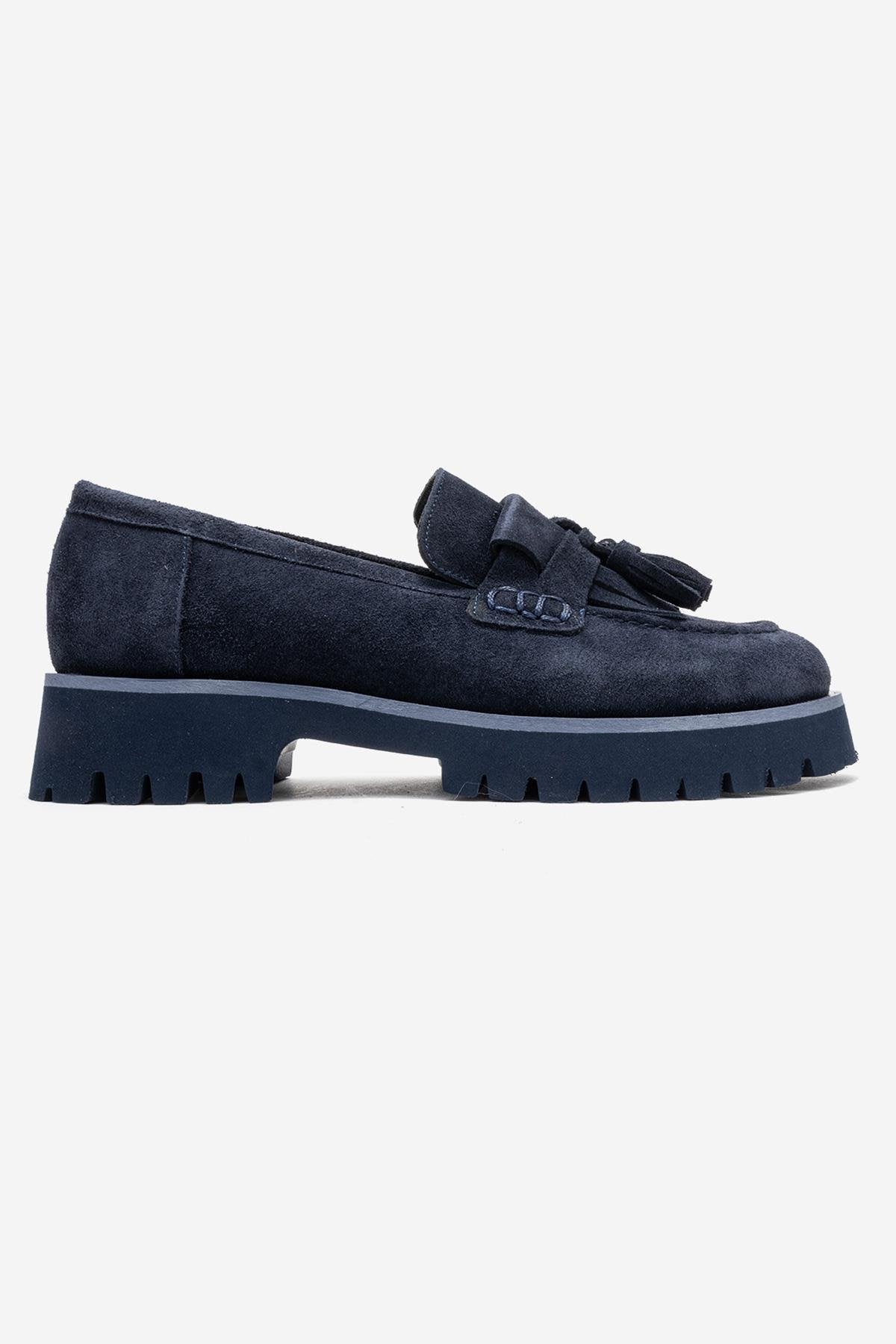 Poen - Navy Suede Genuine Leather Tassel Loafer – top view showing leather, suede, Vowalisse