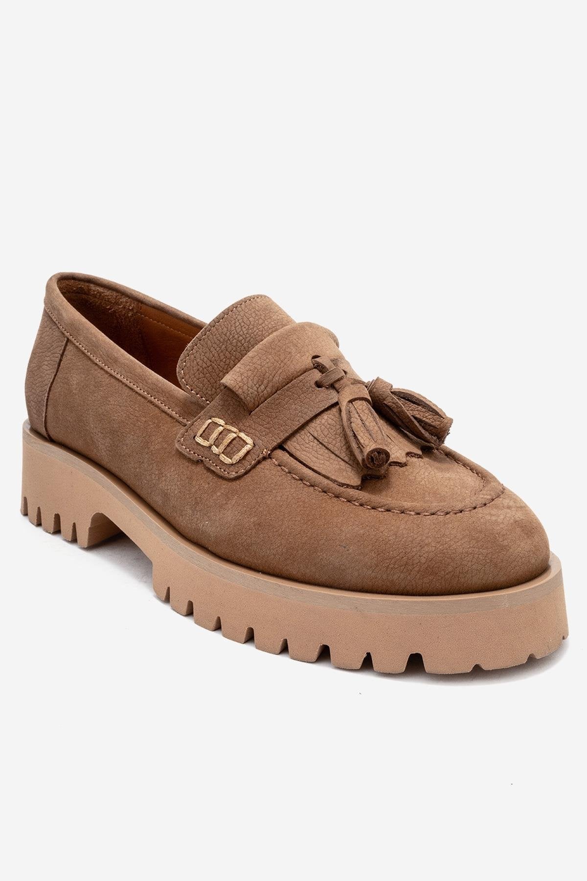 Poen - Tan Nubuck Genuine Leather Tassel Loafer – detail view showing leather, red, Vowalisse