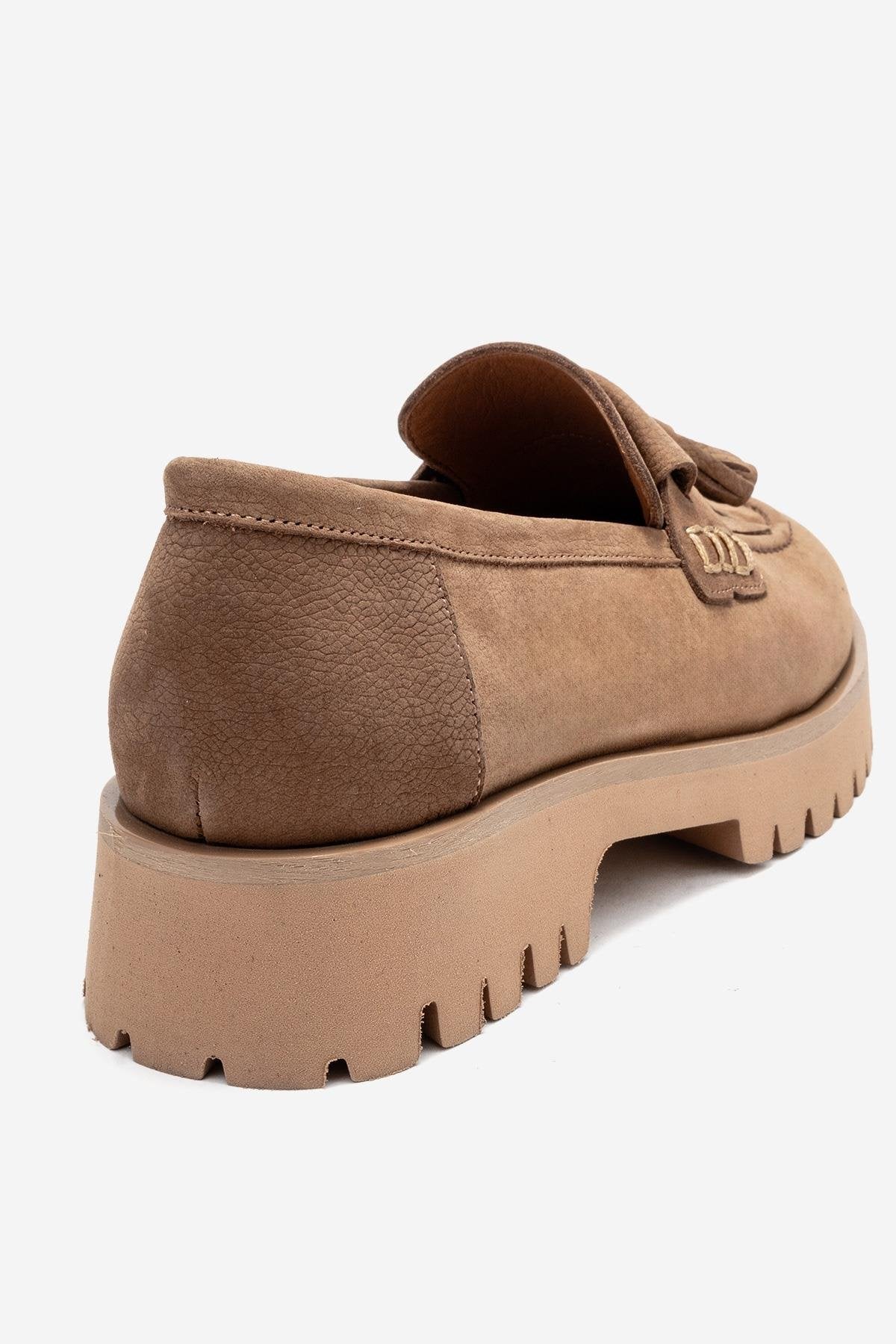 Poen - Tan Nubuck Genuine Leather Tassel Loafer – back view showing leather, red, Vowalisse