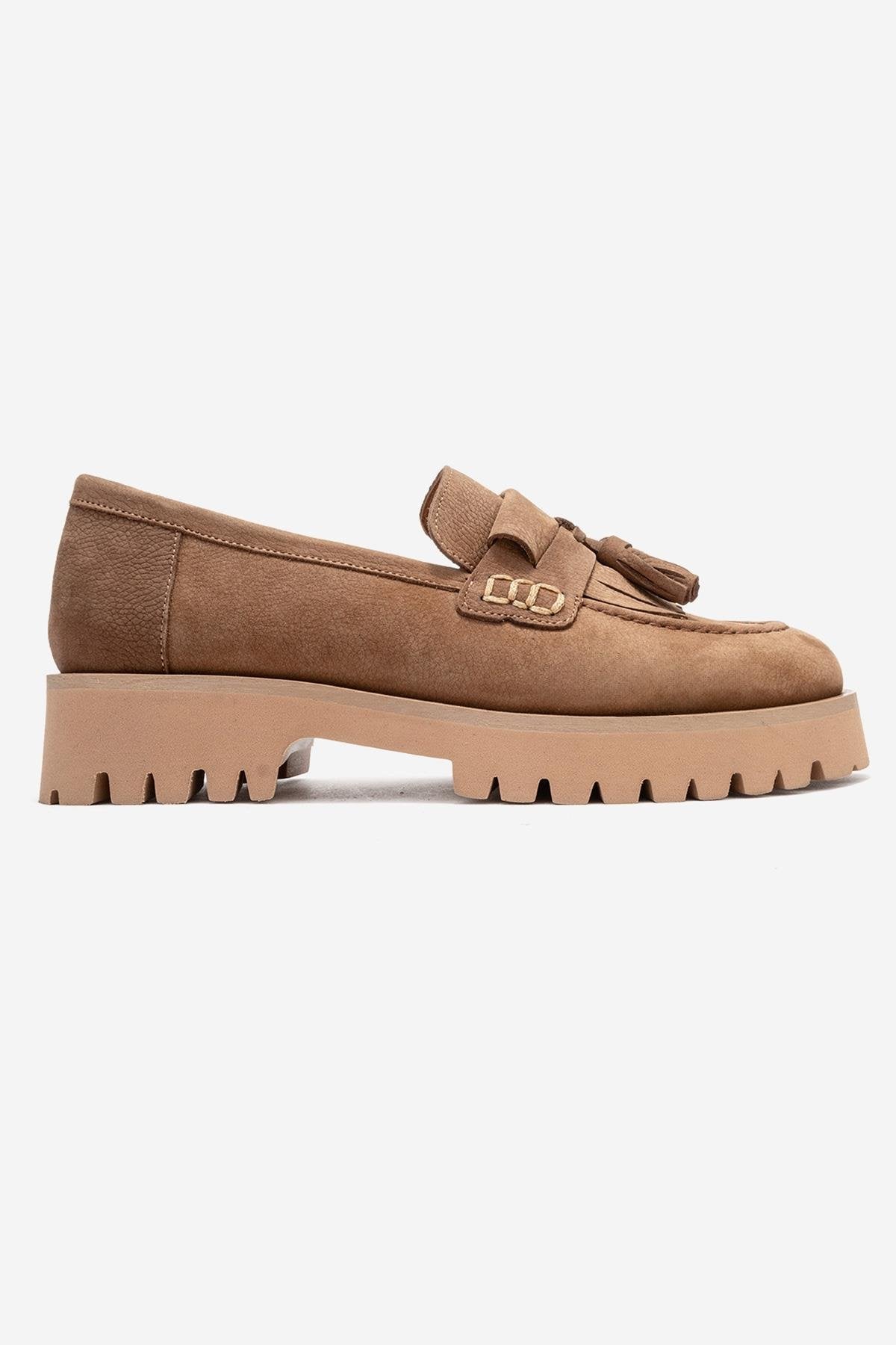 Poen - Tan Nubuck Genuine Leather Tassel Loafer – top view showing leather, red, Vowalisse