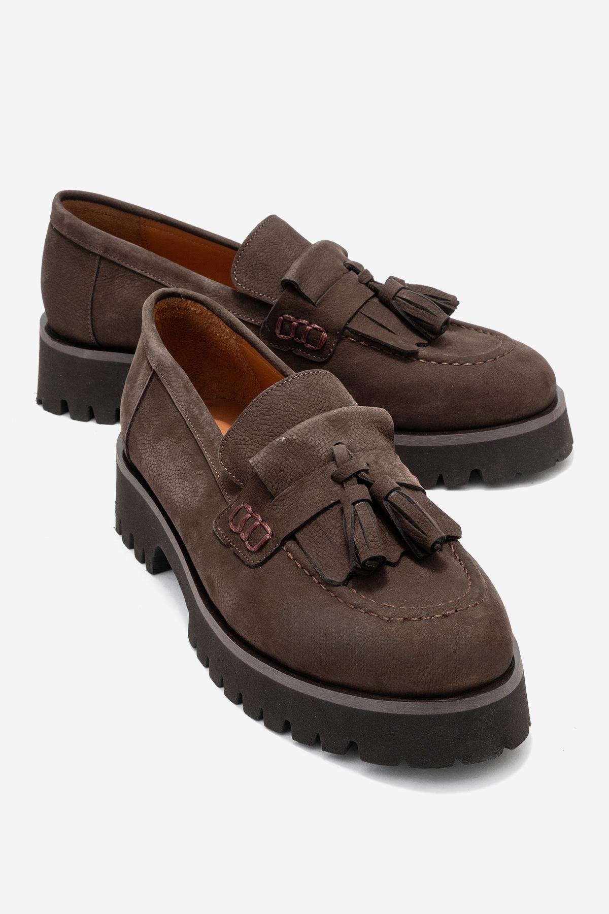 Poen - Brown Nubuck Genuine Leather Tassel Loafer – front three-quarter view showing leather, Vowalisse