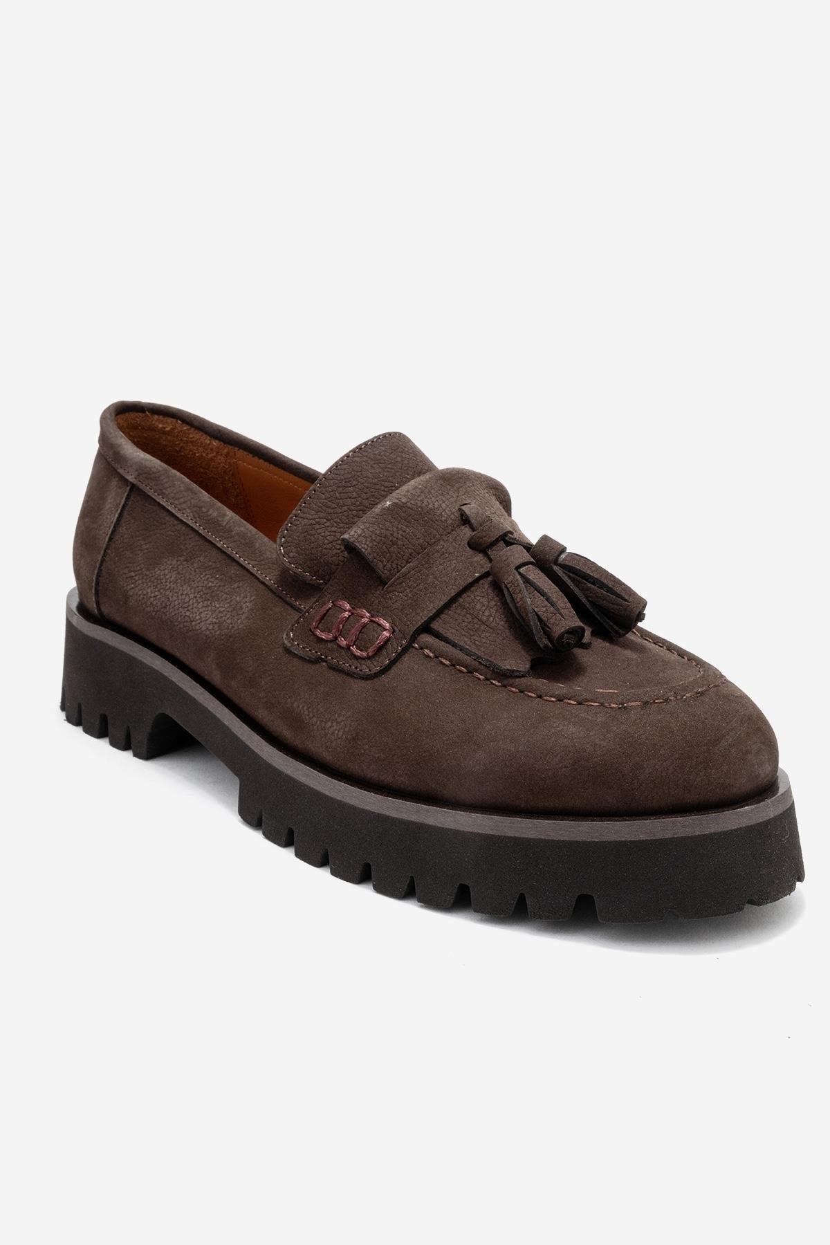 Poen - Brown Nubuck Genuine Leather Tassel Loafer – detail view showing leather, Vowalisse