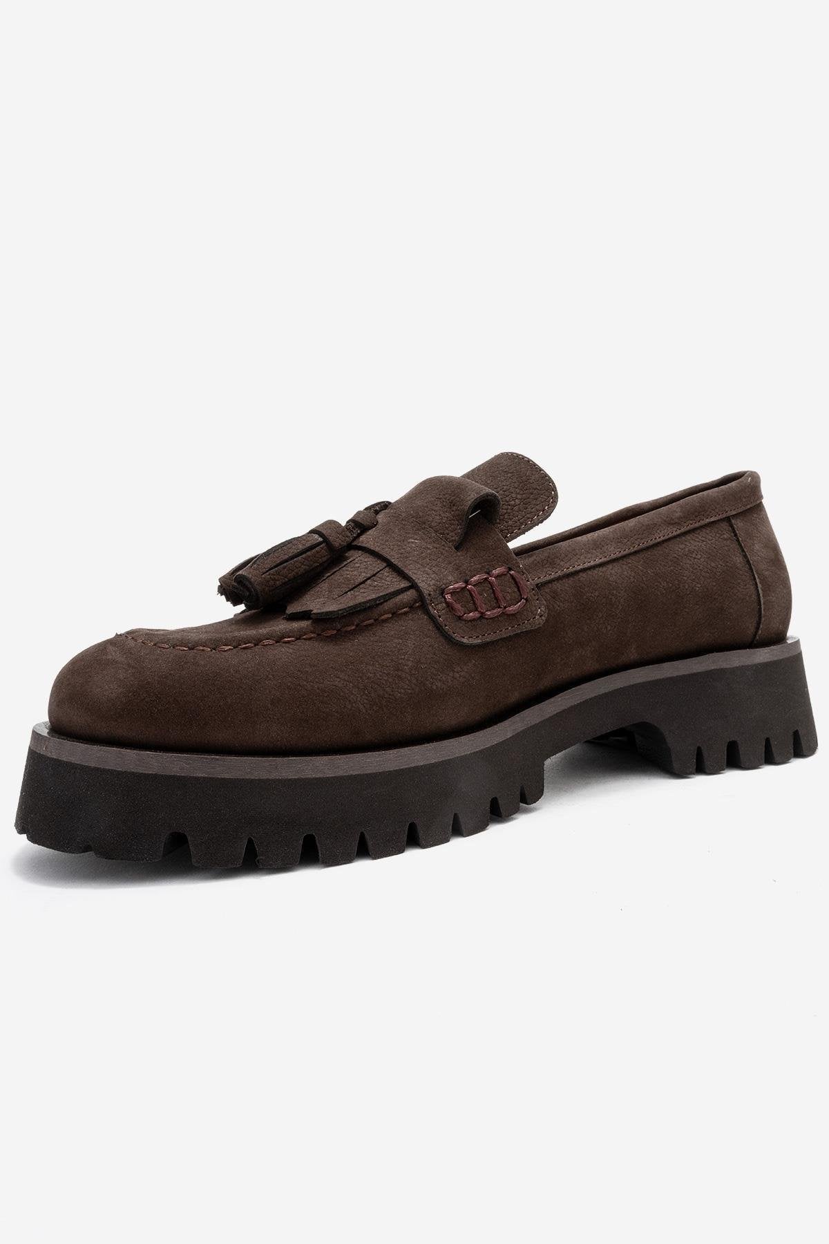Poen - Brown Nubuck Genuine Leather Tassel Loafer – heel view showing leather, Vowalisse