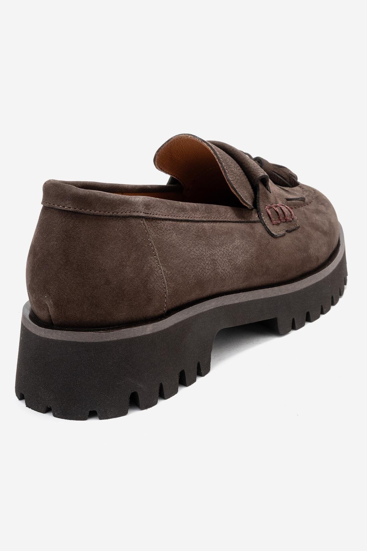 Poen - Brown Nubuck Genuine Leather Tassel Loafer – back view showing leather, Vowalisse