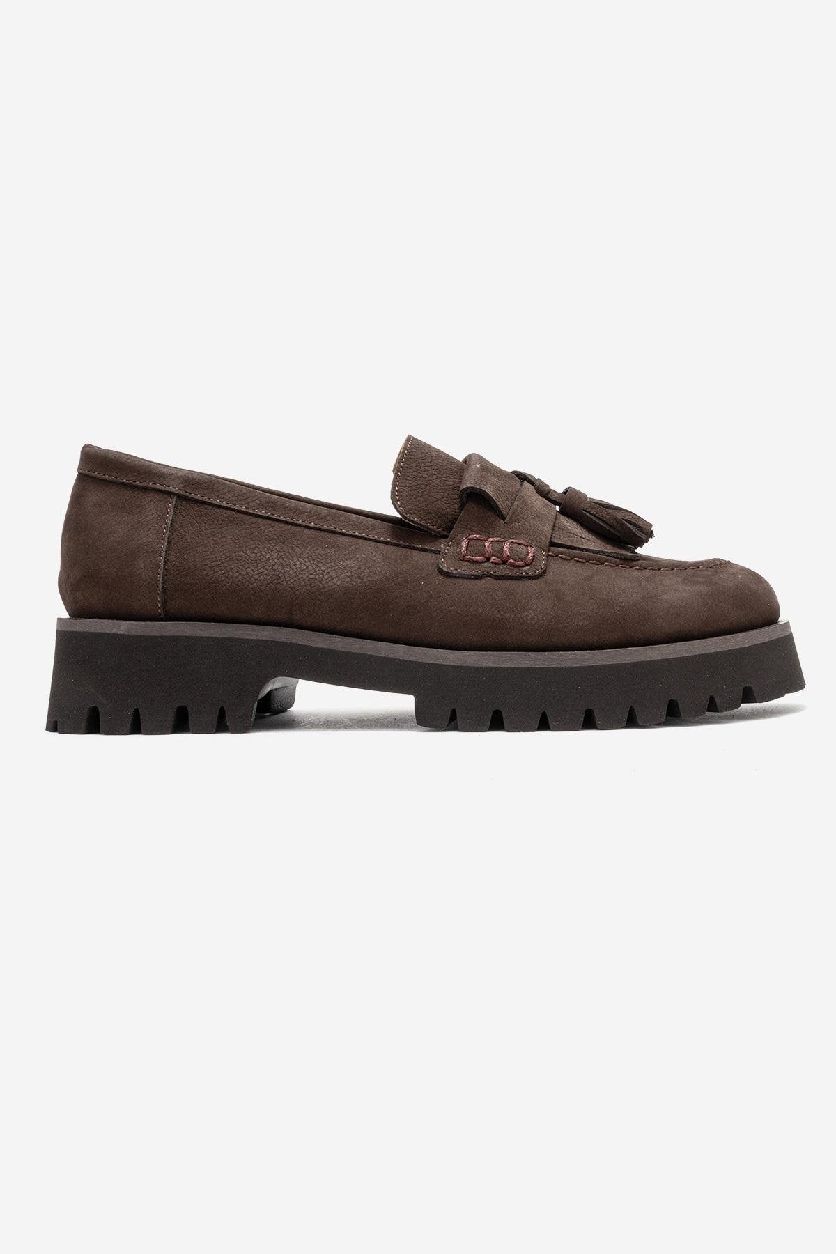 Poen - Brown Nubuck Genuine Leather Tassel Loafer – top view showing leather, Vowalisse