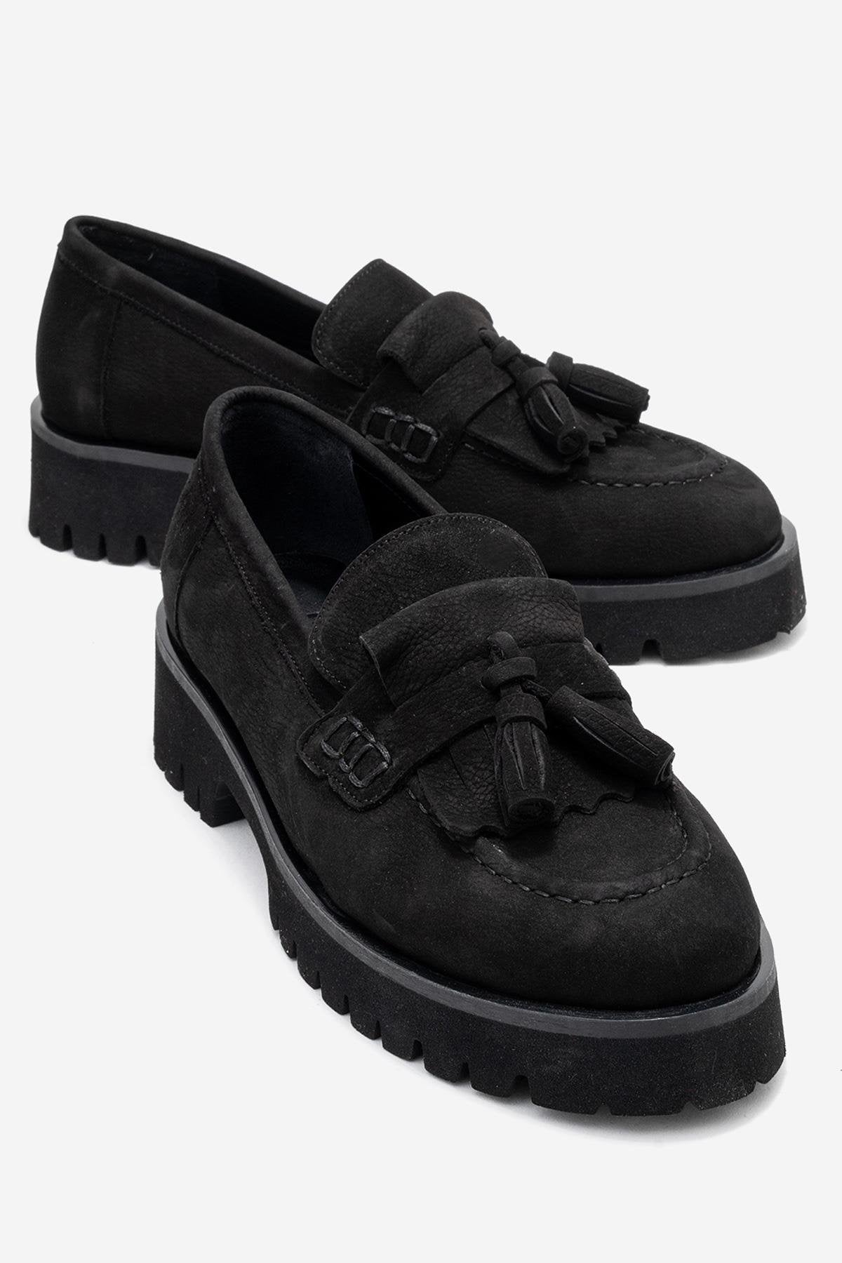 Poen - Black Nubuck Genuine Leather Tassel Loafer – front three-quarter view showing leather, black, Vowalisse