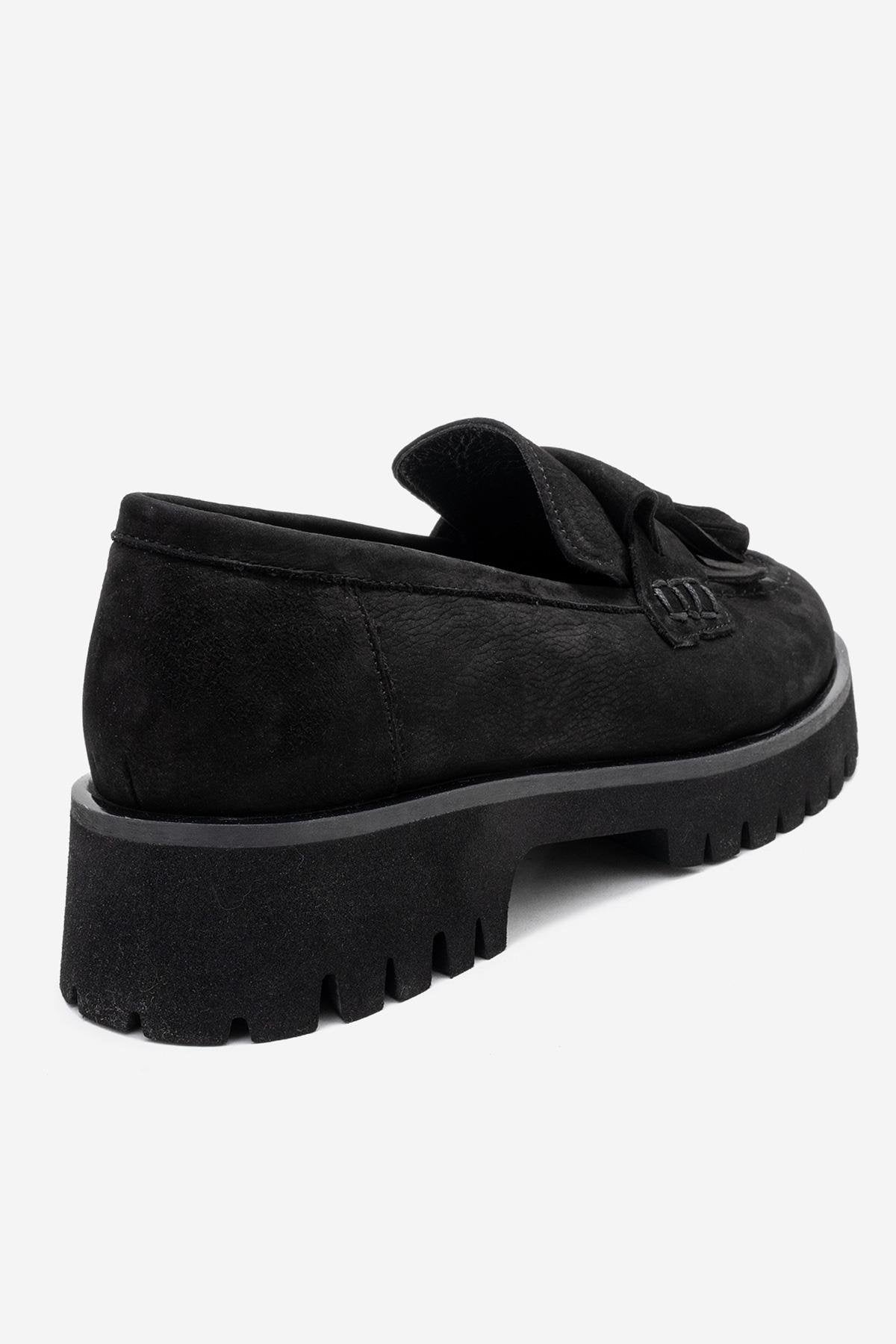 Poen - Black Nubuck Genuine Leather Tassel Loafer – back view showing leather, black, Vowalisse