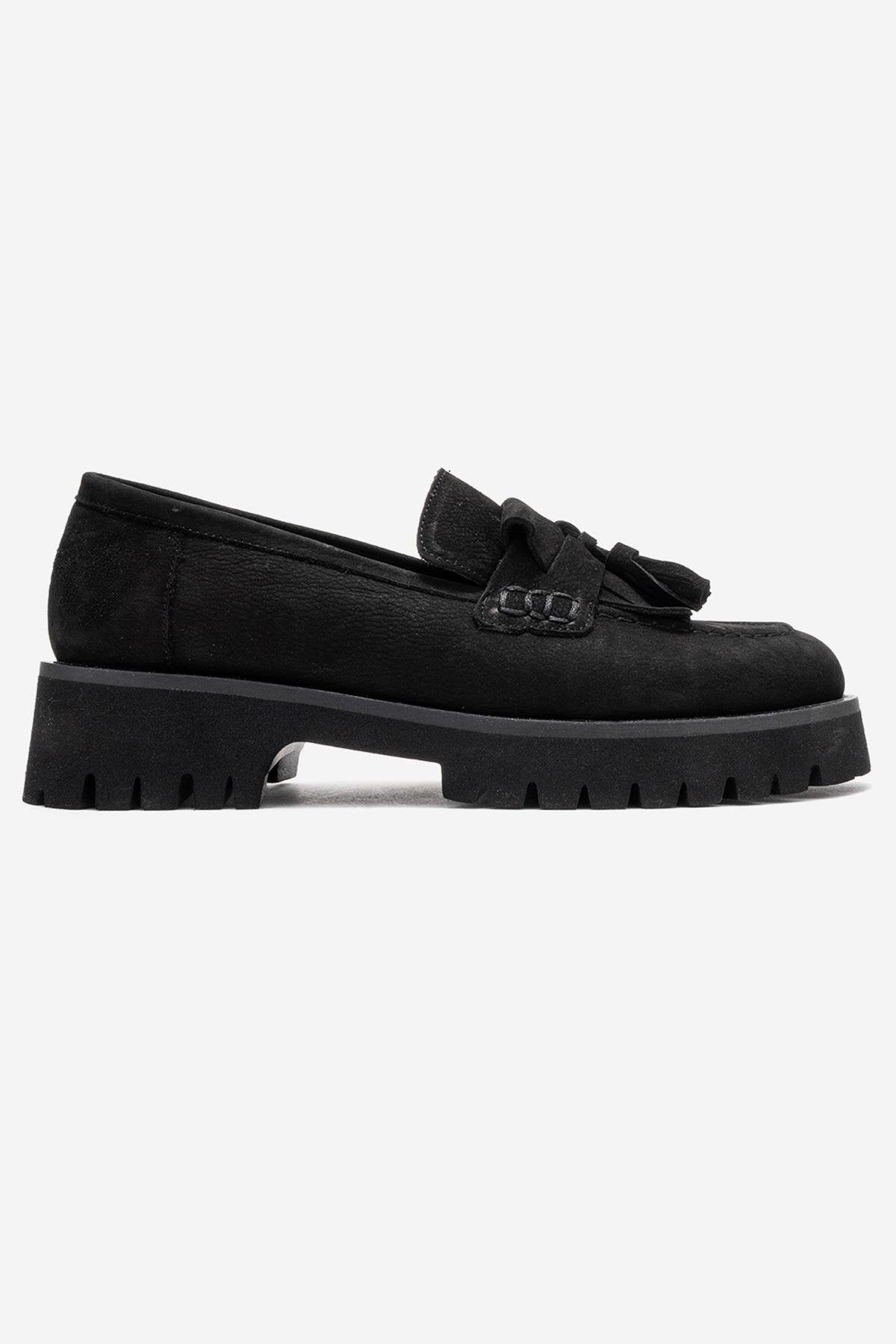 Poen - Black Nubuck Genuine Leather Tassel Loafer – top view showing leather, black, Vowalisse