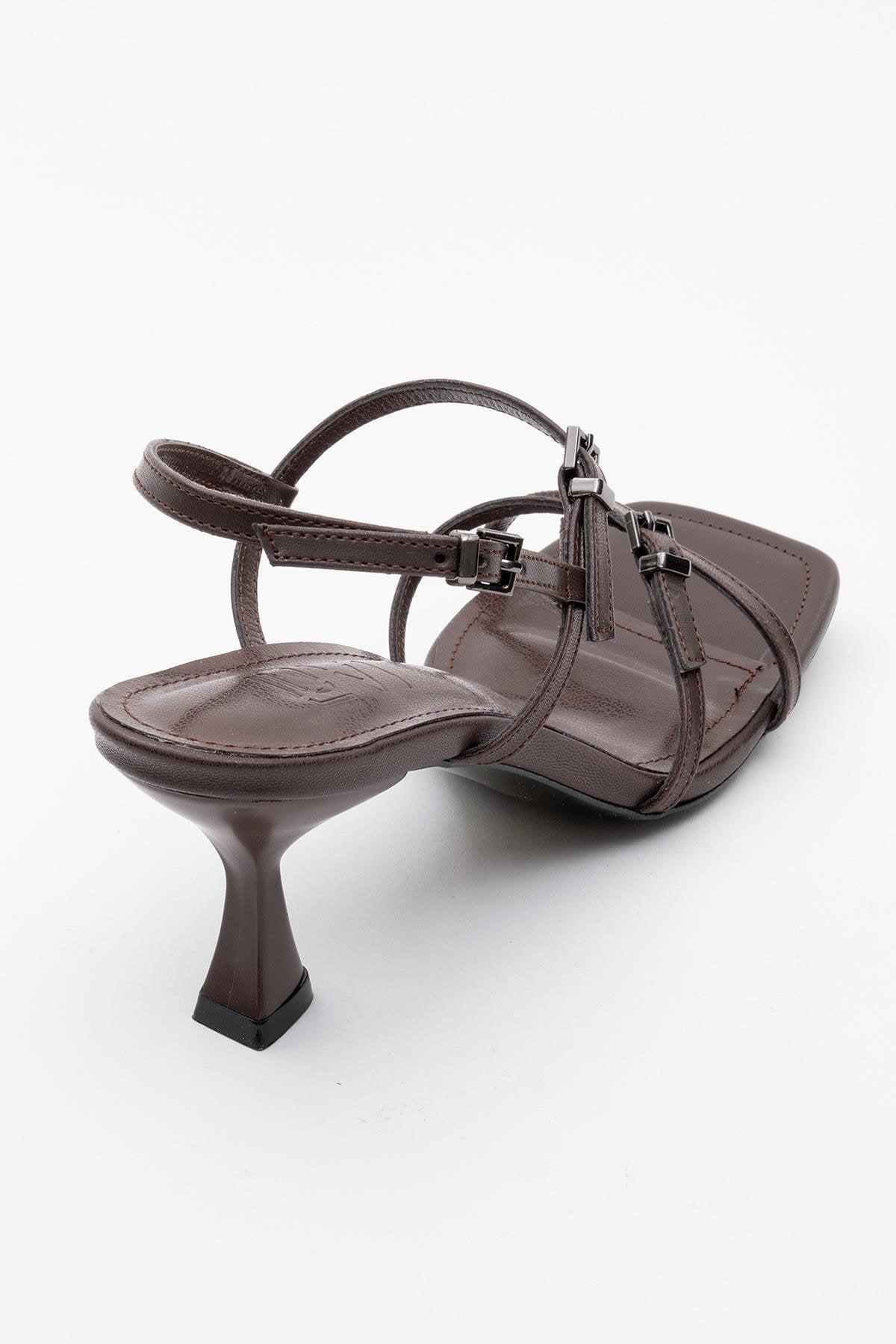 Nebel - Cognac Heeled Sandal – heel view showing leather, Vowalisse