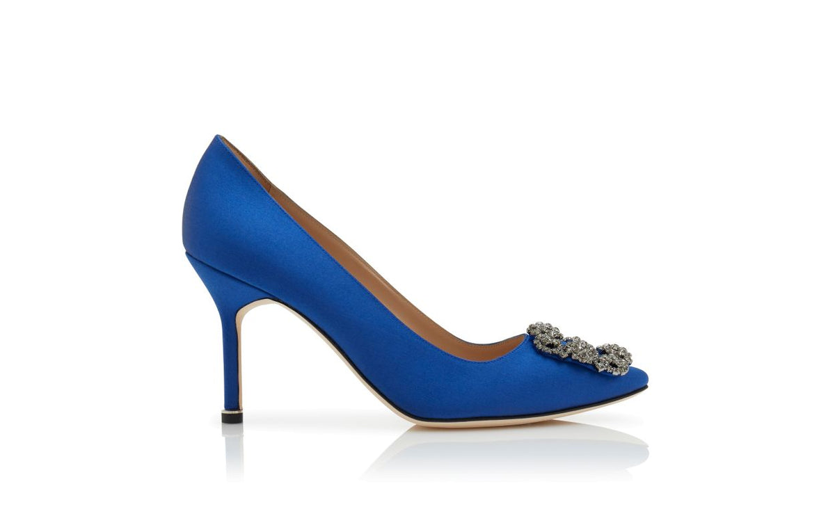 Magnolia Belle Blue Jewel Buckle Pumps – side profile showing blue jewel buckle, crystal buckle, almond toe, satin…